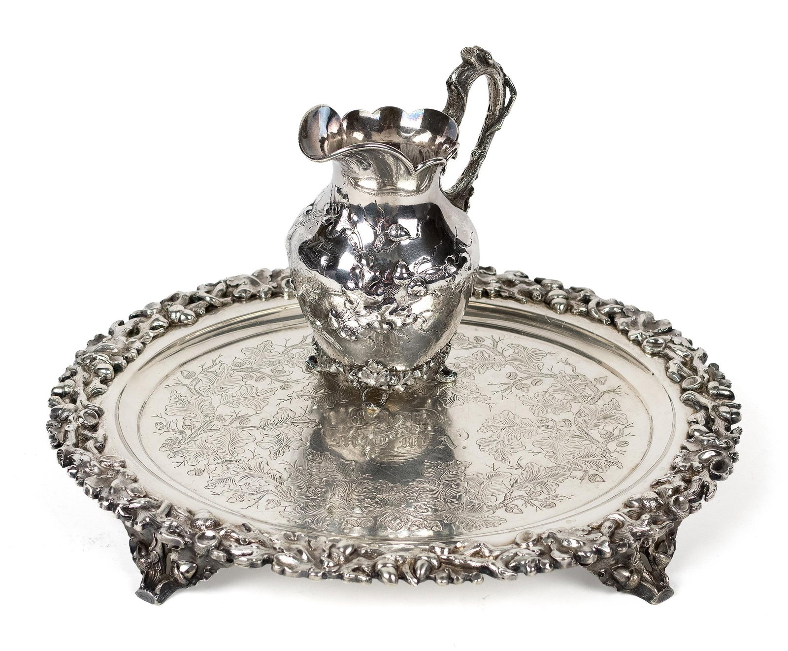 BIGELOW & KENNARD BOSTON COIN SILVER PRESENTATIONS.: Two pieces of 19th C. Bigelow &. Kennard Boston coin silver; cream jug and an oval footed platter, each piece highly decorated with acorn and foliate motifs and inscribed ‘O.B From The