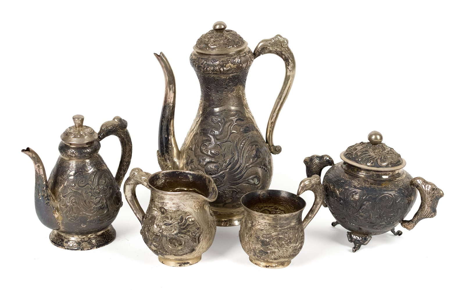 ASIAN SILVER REPOUSSE DRAGON TEA AND COFFEE SERVICE. (1 of 13)