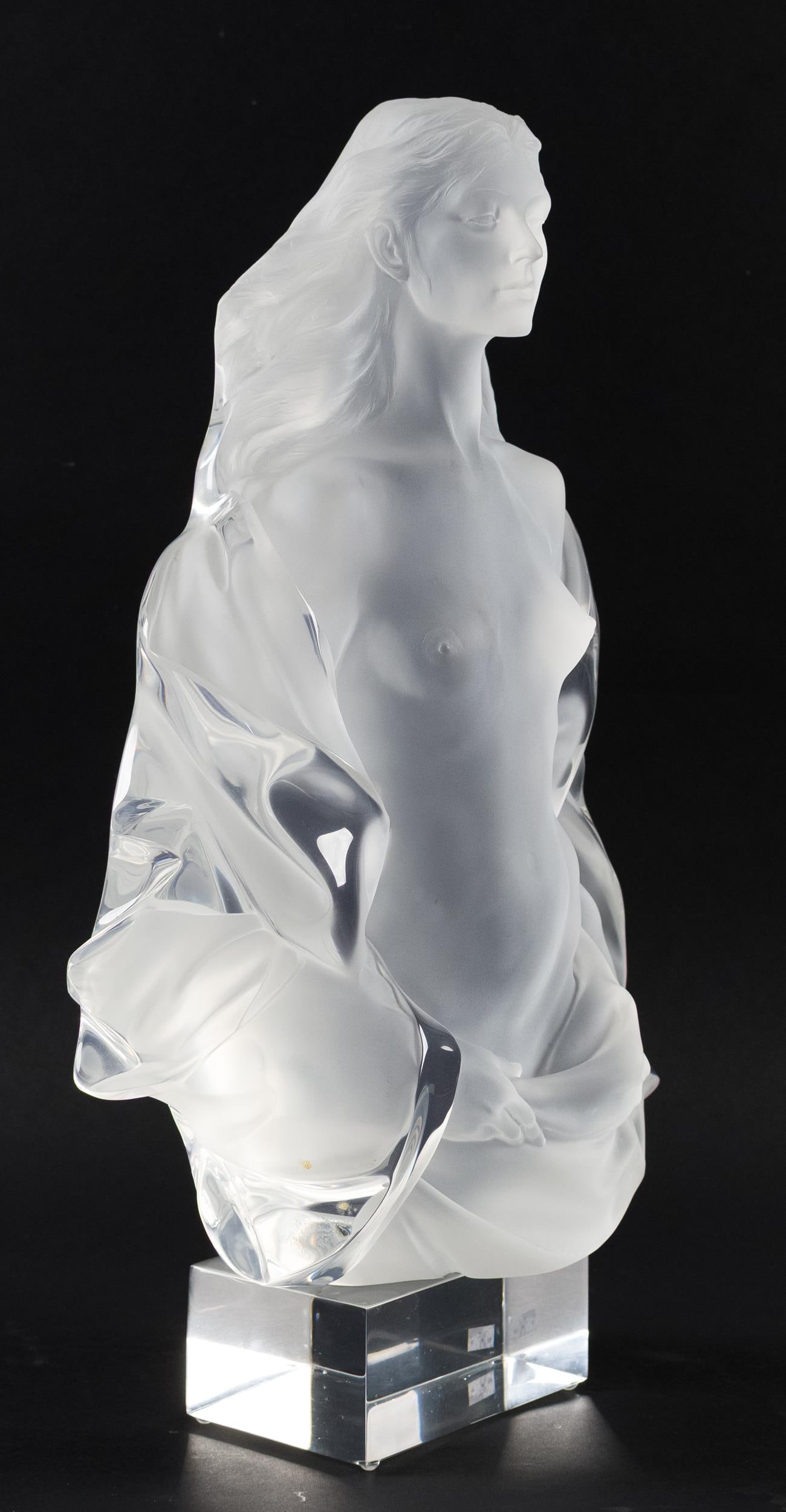 FREDERICK ELLIOTT HART LUCITE SCULPTURE, FIDELIA.: Frederick Elliott Hart (1943–1999), Frederick Elliott Hart Lucite sculpture, Fidelia, 1988. Depicting an female nude in flowing drapery, mounted on a rectangular base. Engraved on back 1988