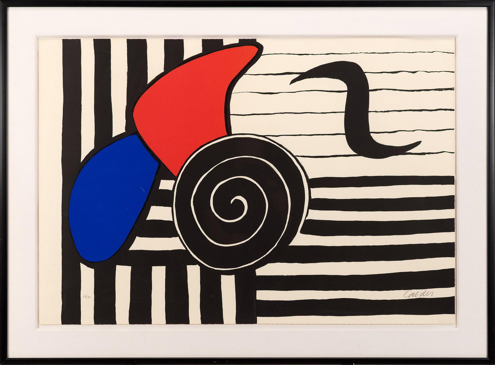 1969 ALEXANDER CALDER LIMITED EDITION LITHOGRAPH.: An Alexander Calder limited edition lithograph titled, Helices (Propellers), depicting bold geometric shapes and stron color field, pencil signed and numbered, Calder 67/75. Paper 29.75”H x