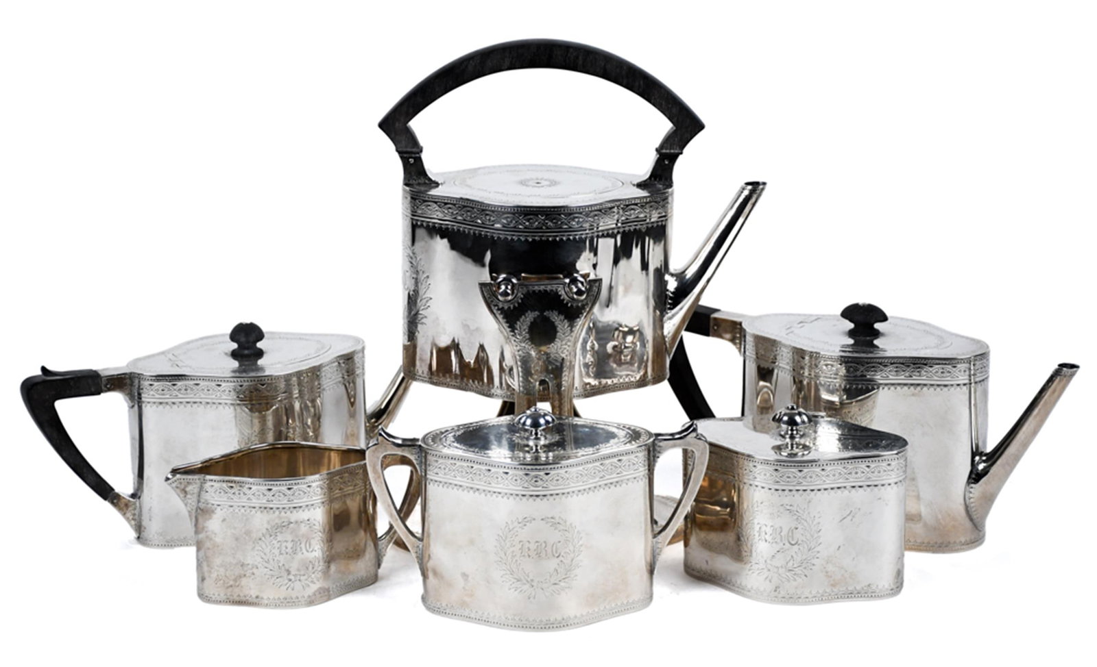 ANTIQUE ENGRAVED STERLING SILVER SIX-PIECE TEA SET. (1 of 1)