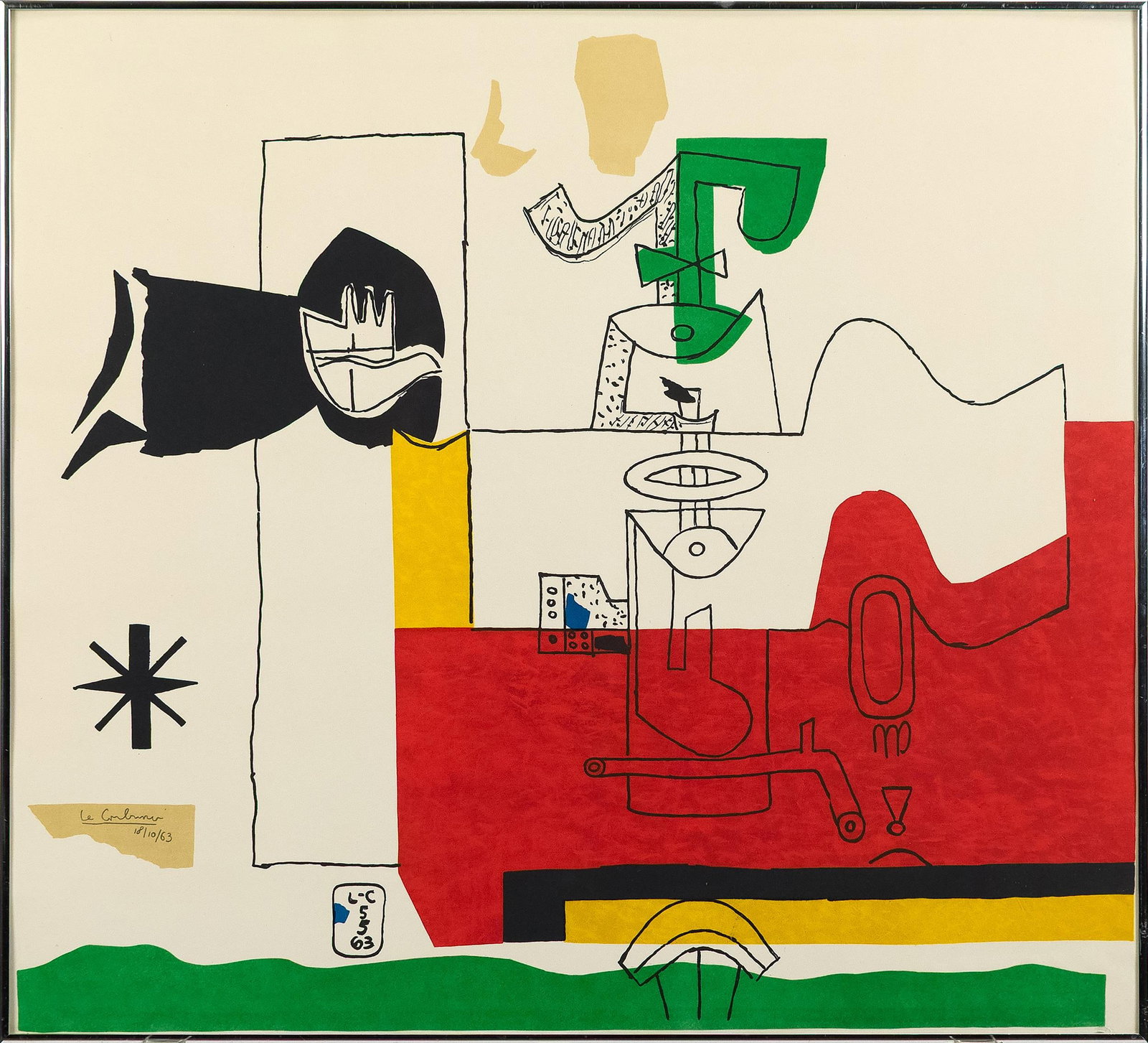 1963 LE CORBUSIER LITHOGRAPH, TOTEM.: A Charles-Edouard Jeanneret Le Corbusier lithograph titled, Totem. Signed and dated lower right, Le Corbusier 18/10/63. Image 28”H x 31”W, Overall in a period strip frame 29”H x