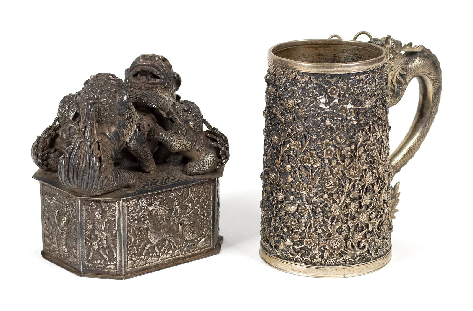 ASIAN EXPORT SILVER, 2 PCS: A vintage Asian export silver mug and covered hexagonal box, both heavily chased and repousse, including: a handled silver mug 5”H, body densely worked with floral and foliate motifs, the handle