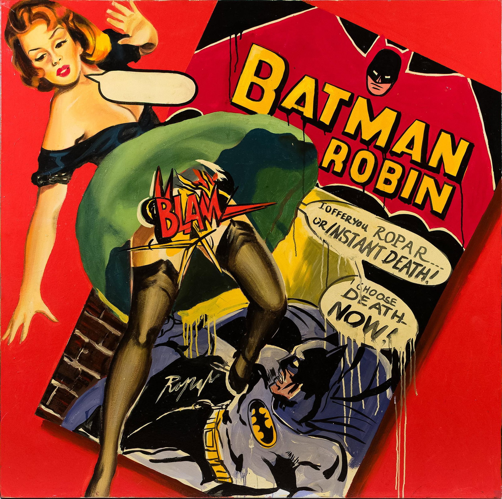 DENNIS ROPAR 'RED BEAUTY' POP ART ACRYLIC ON CANVAS.: A large 2005 Dennis Ropar pop art acrylic on canvas, titled 'Red Beauty,' depicting Batman and Robin comic imagery with a pin-up figure on a bold red ground. Signed lower center, Ropar, with title,