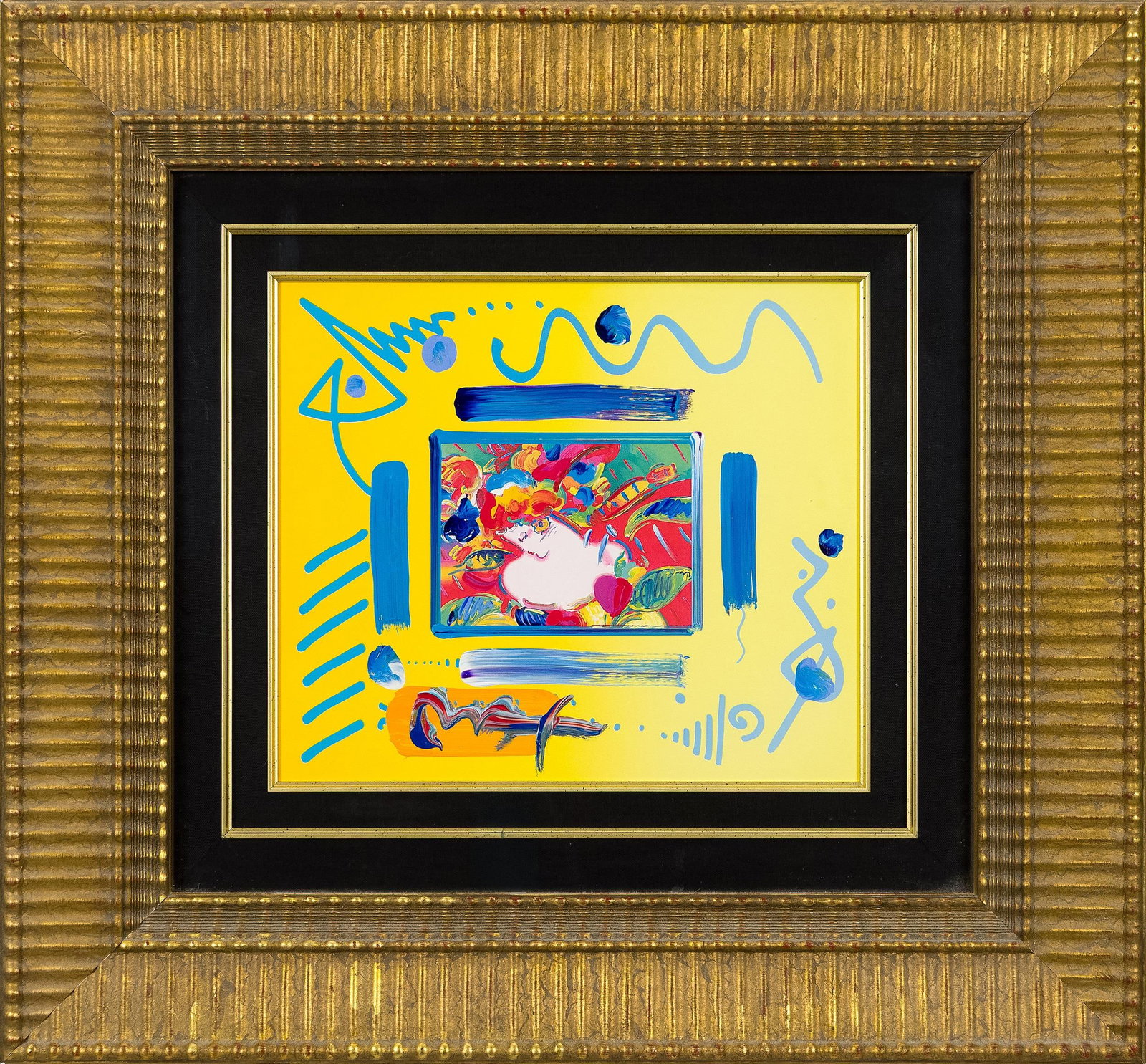 PETER MAX ACRYLIC, BLOSSOM FLOWER FIGURE.: A vintage Peter Max (B. 1937) acrylic abstract, a vivid yellow ground with bold blue gestural brushwork surrounding a central inset image of the artist's signature Blossom/flower figure amid swirling 