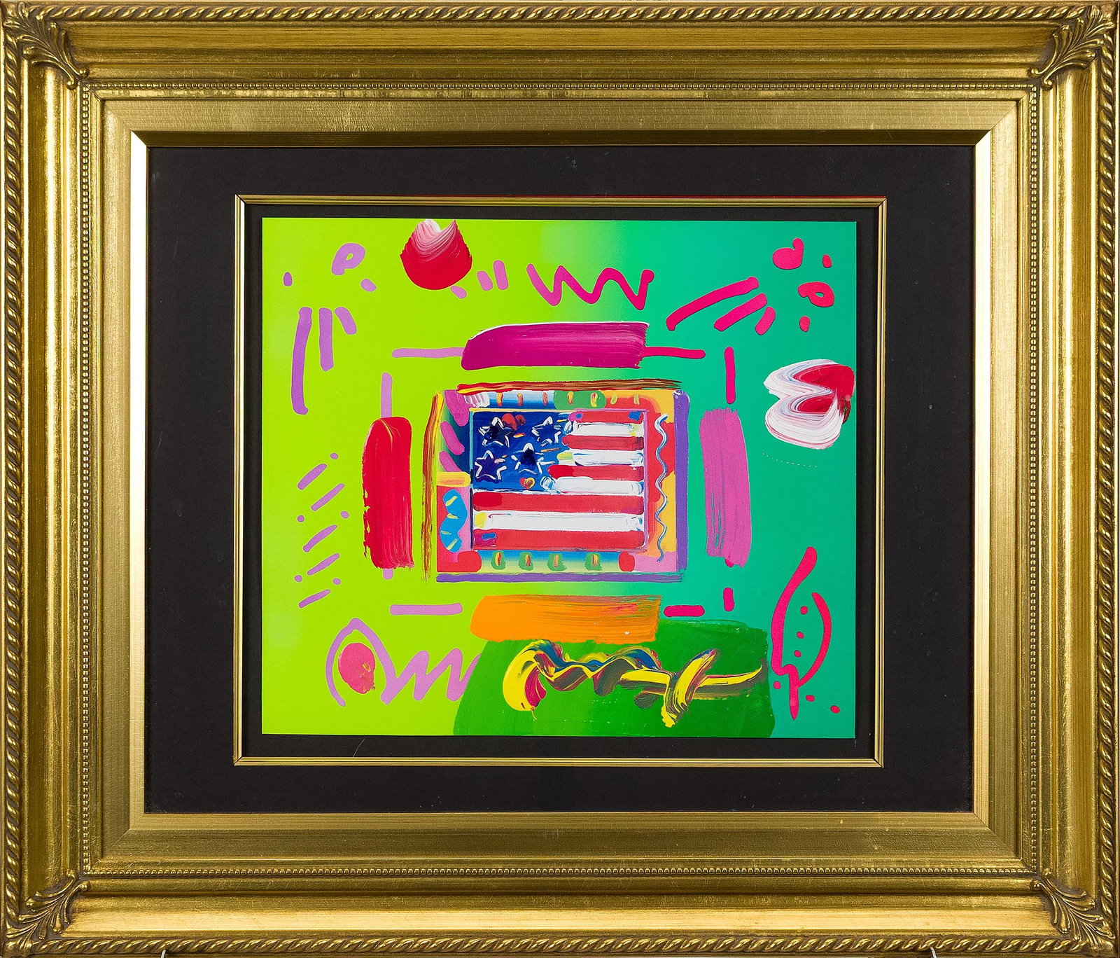 PETER MAX ACRYLIC, FLAG.: A vintage Peter Max (b. 1937) acrylic, depicting a stylized American flag on a vibrant green ground with gestural, colorful brushwork throughout, in a gilt beaded frame with black mat.Image 12”