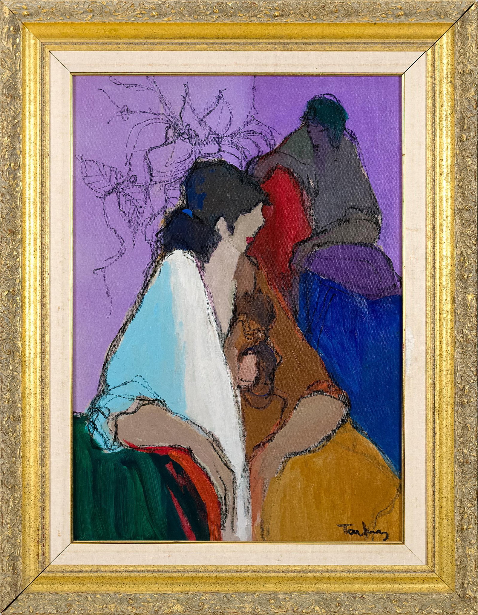VINTAGE ITZCHAK TARKAY OIL AND GRAPHITE, WOMEN.: A ca. 1970 Itzchak Tarkay Oil and graphite painting depicting a classic Tarkay subject, women reclining. Signed lower right, Tarkay. Canvas 27.5”H x 19.5”W, Overall in gilt frame