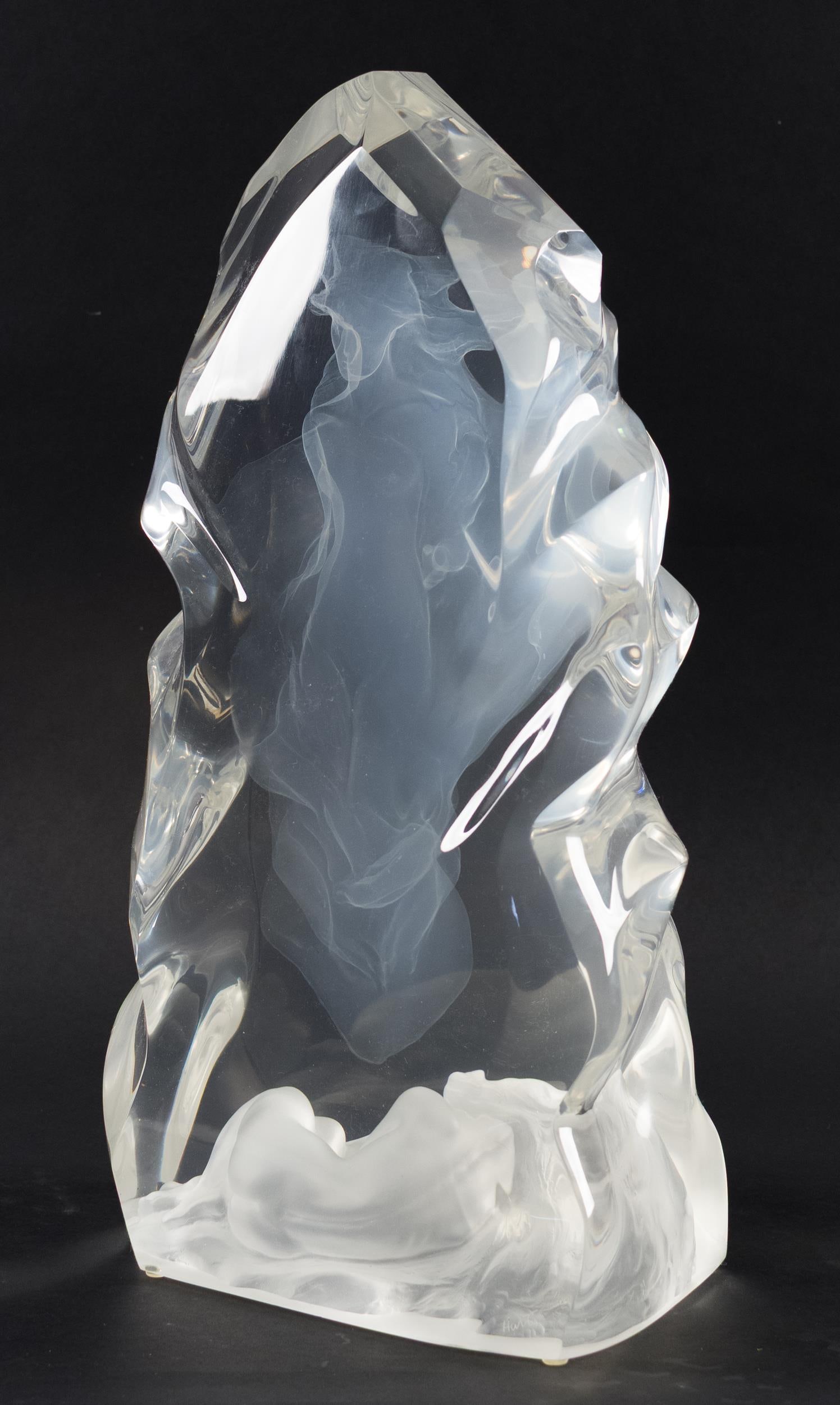 FREDERICK E. HART LUCITE SCULPTURE, ECHO OF SILENCE.: Frederick Elliot Hart (1943–1999) Lucite sculpture depicting an ethereal female figure hovering above other reclining female figure, engraved signature “Hart.” Numbered 109/350 from