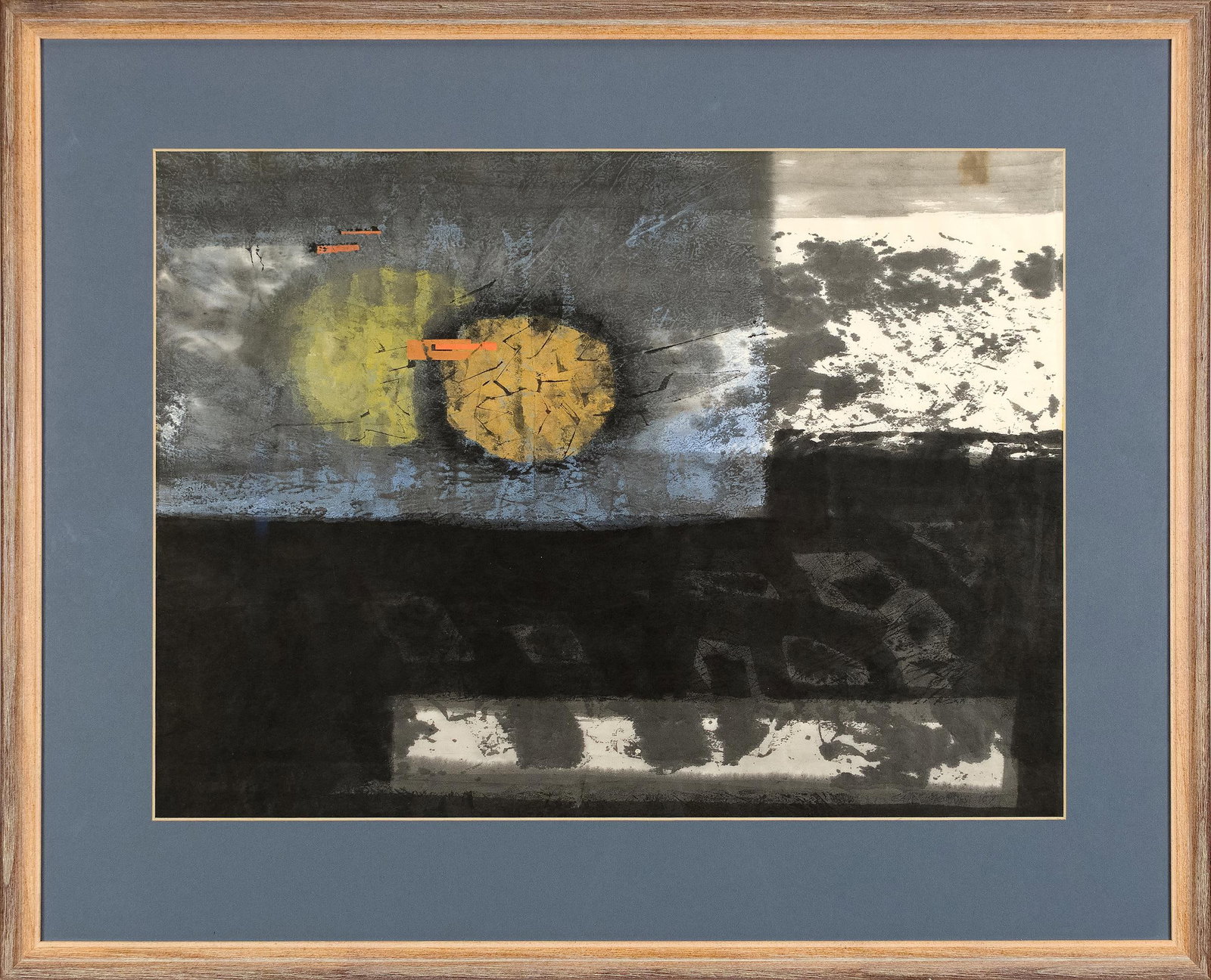 CARL MORRIS W/C SHORE SCENE #2.: A 20th C. abstract composition by Carl Morris (American, 1911-1993), watercolor and gouache on paper. Two overlapping ochre and yellow discs against a mottled grey and pale blue ground, a broad black