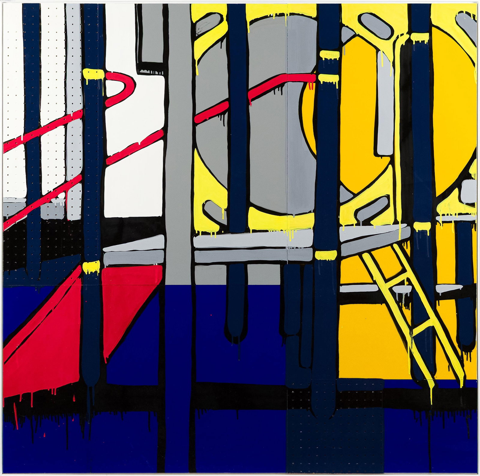 JASPER KNIGHT ACRYLIC, RED SLIDE AND YELLOW LADDER.: A large 2009 Jasper Knight (Australian, b. 1978) acrylic on pegboard and panel, titled 'Red Slide and Yellow Ladder,' a large-scale abstract industrial composition in bold primary colors with