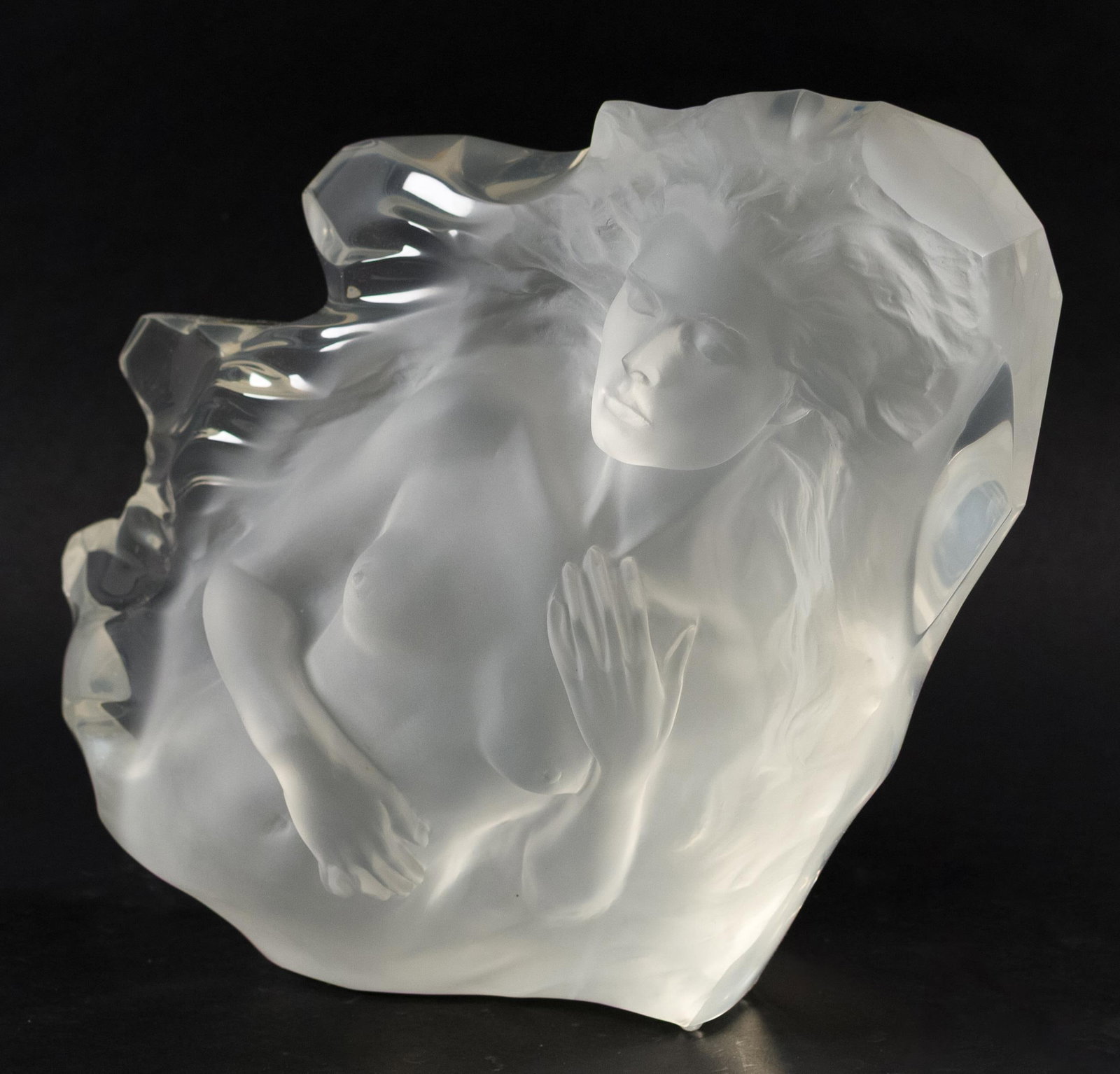 FREDERICK ELLIOTT HART LUCITE SCULPTURE, EVE.: Frederick Elliott Hart (1943–1999) Lucite sculpture, Eve,1991, depicting a reclining female nude. Engraved on back 1991 Hart/SGL 340/350. From an edition of 350 plus 60 artist’s proofs.