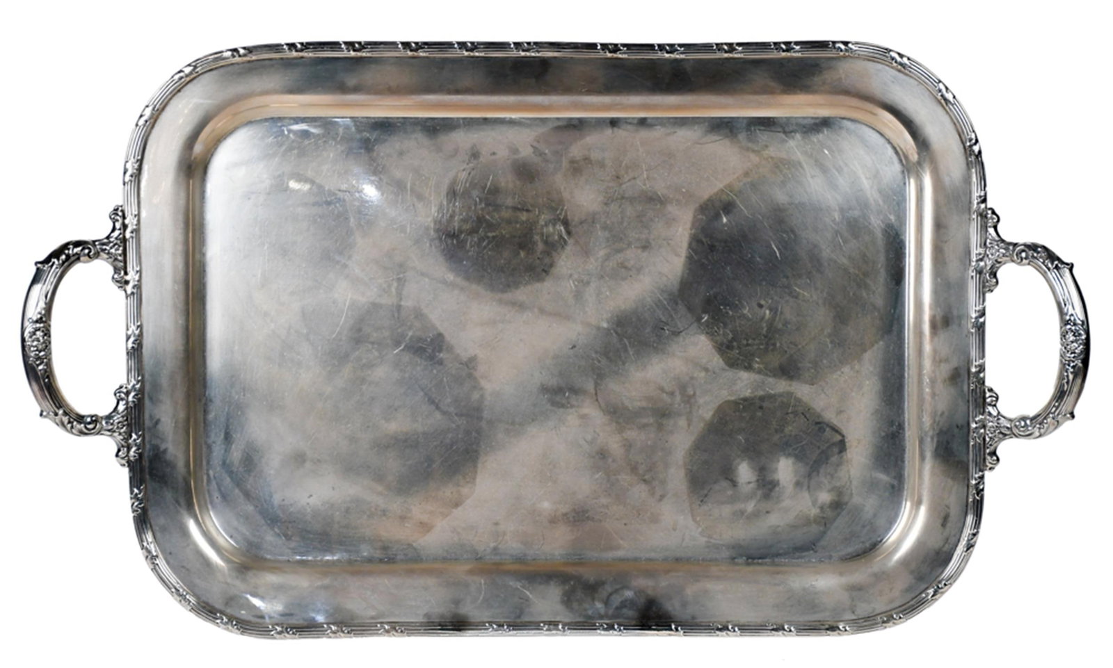 LARGE FISHER STERLING SILVER TRAY.: A large Fisher sterling silver tray, with reeded floral border, and two handles. 24.5”W x 14”D. 74.3 oz t.