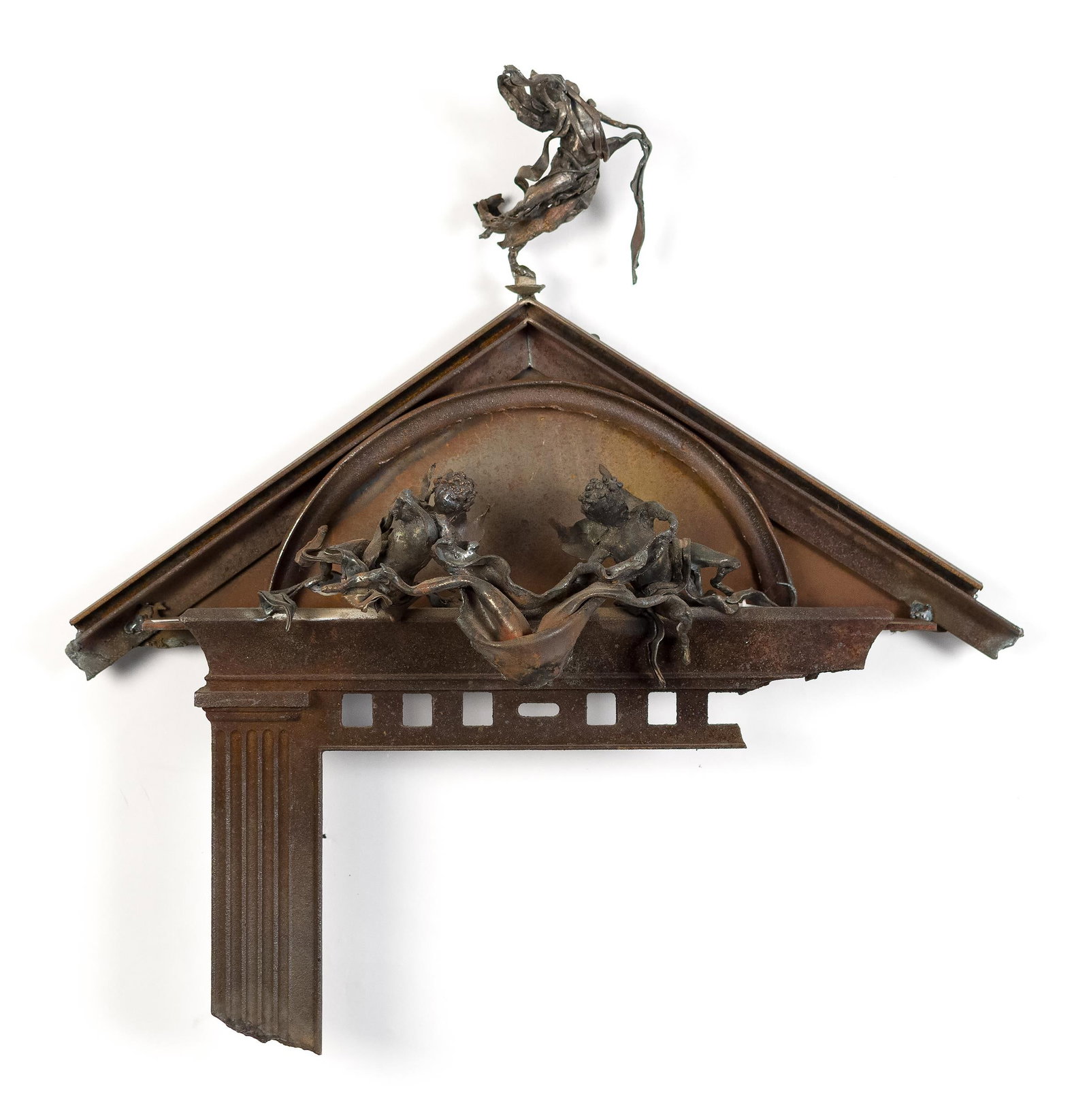 JUDITH BROWN STEEL WALL SCULPTURE.: Judith Brown, Woodstock VT (1931–1992). Architectural composition in the form of a classical temple pediment with fluted column elements, featuring expressive sculptural figures in high relief