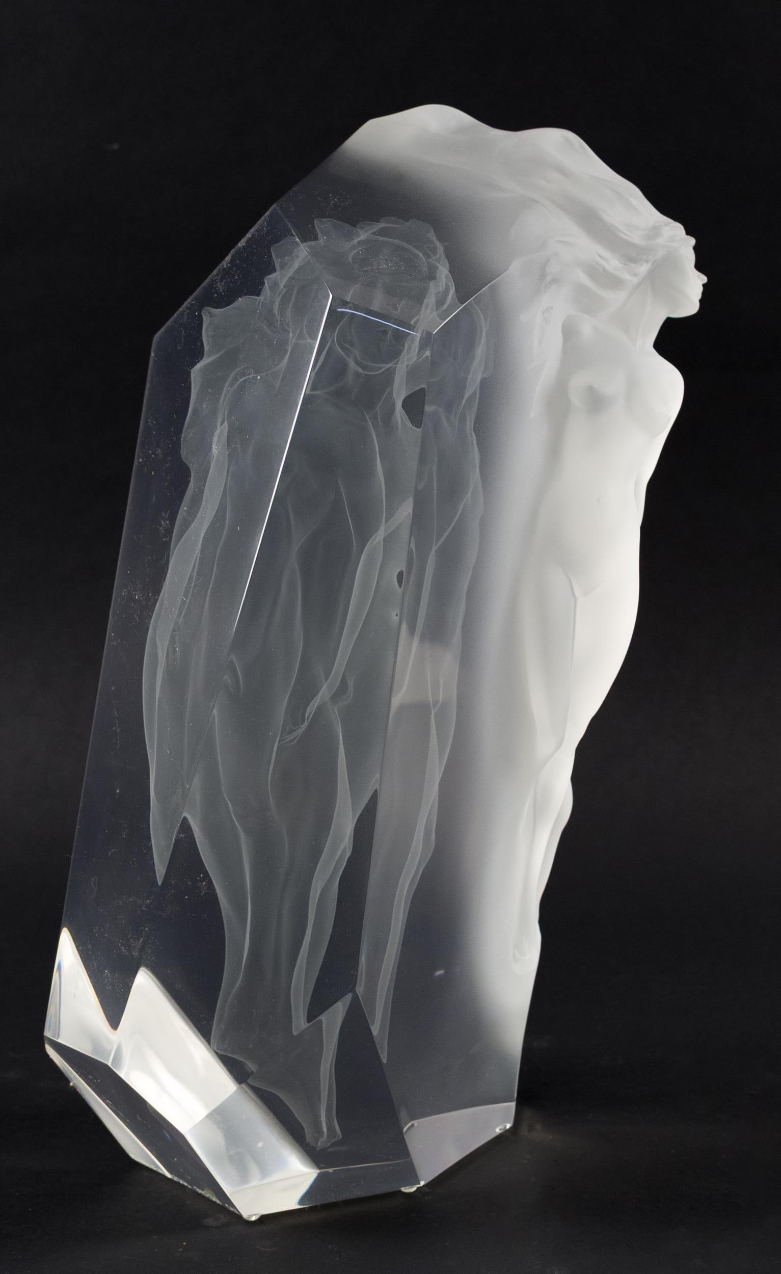 FREDERICK ELLIOTT HART LUCITE SCULPTURE, TRANSCENDENT: Frederick Elliott Hart (1943–1999) lucite sculpture, Transcendent, 1991, depicting entweined male and female figures, engraved signature “Hart.” Numbered 340/350 from an edition of