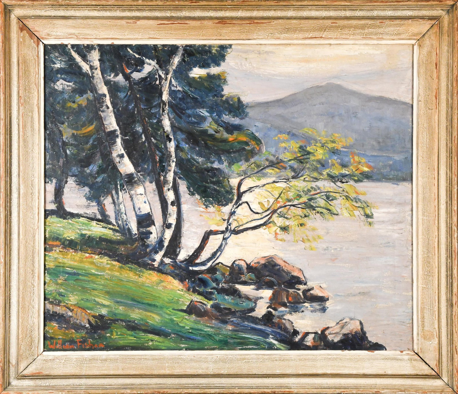 WILLIAM FISHER OIL, LAKE LANDSCAPE.: A William Fisher (1891 - 1985) oil on canvas, lake landscape with rocky, birch-lined shore and mountains in the distance. Signed lower left in red WIlliam Fisher. With partial label on reverse reading