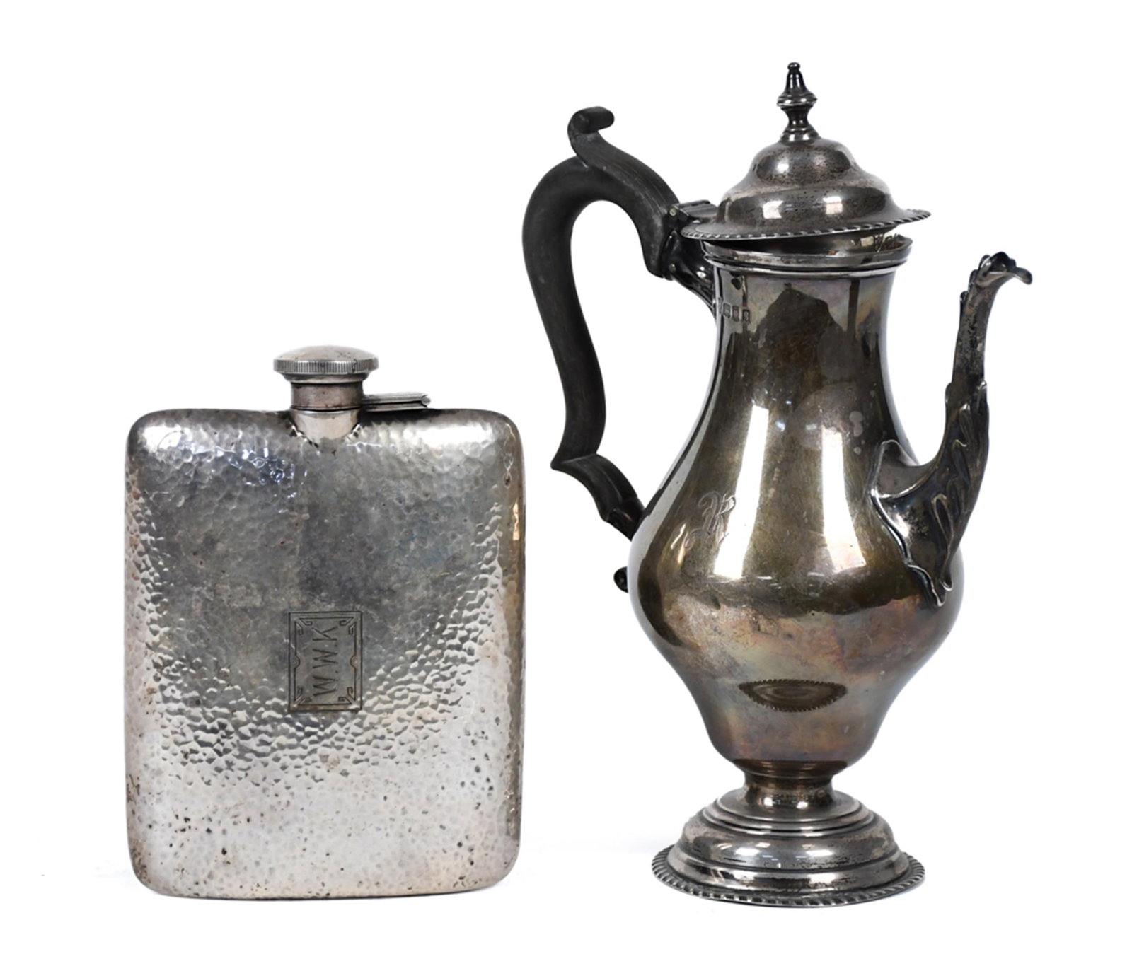 ELLIOT JACOB GREENBERG STERLING POT AND FLASK, 2PCS.: An Elliot Jacob Greenberg hallmarked sterling chocolate pot, 8.5”H; a vintage Art Deco era sterling flask, monogrammed ‘W.W.K.’. 17.5 oz t. total weight.