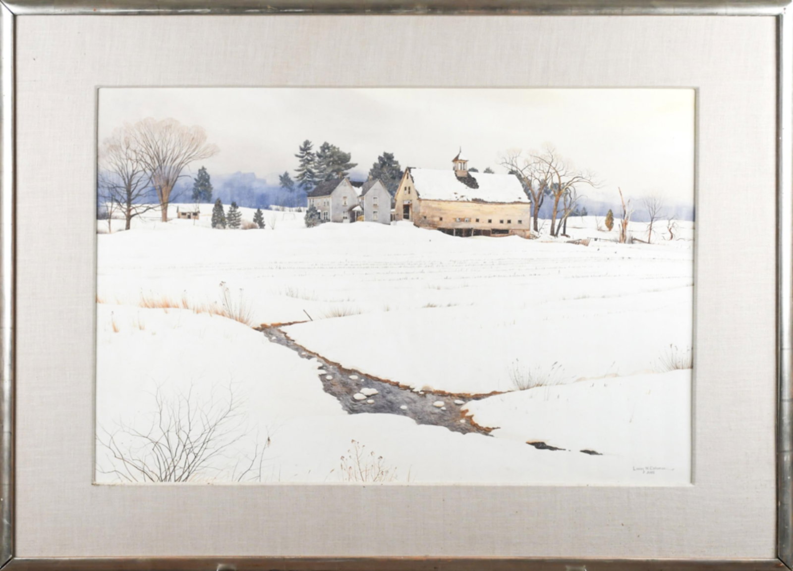 LORING COLEMAN WATERCOLOR, FARM SCENE.: Loring W. Coleman (American, 1918-2015), watercolor on paper, a New England winter landscape with a cupola topped barn and clapboard farmhouses on a rise beyond a snow covered meadow, a dark stream
