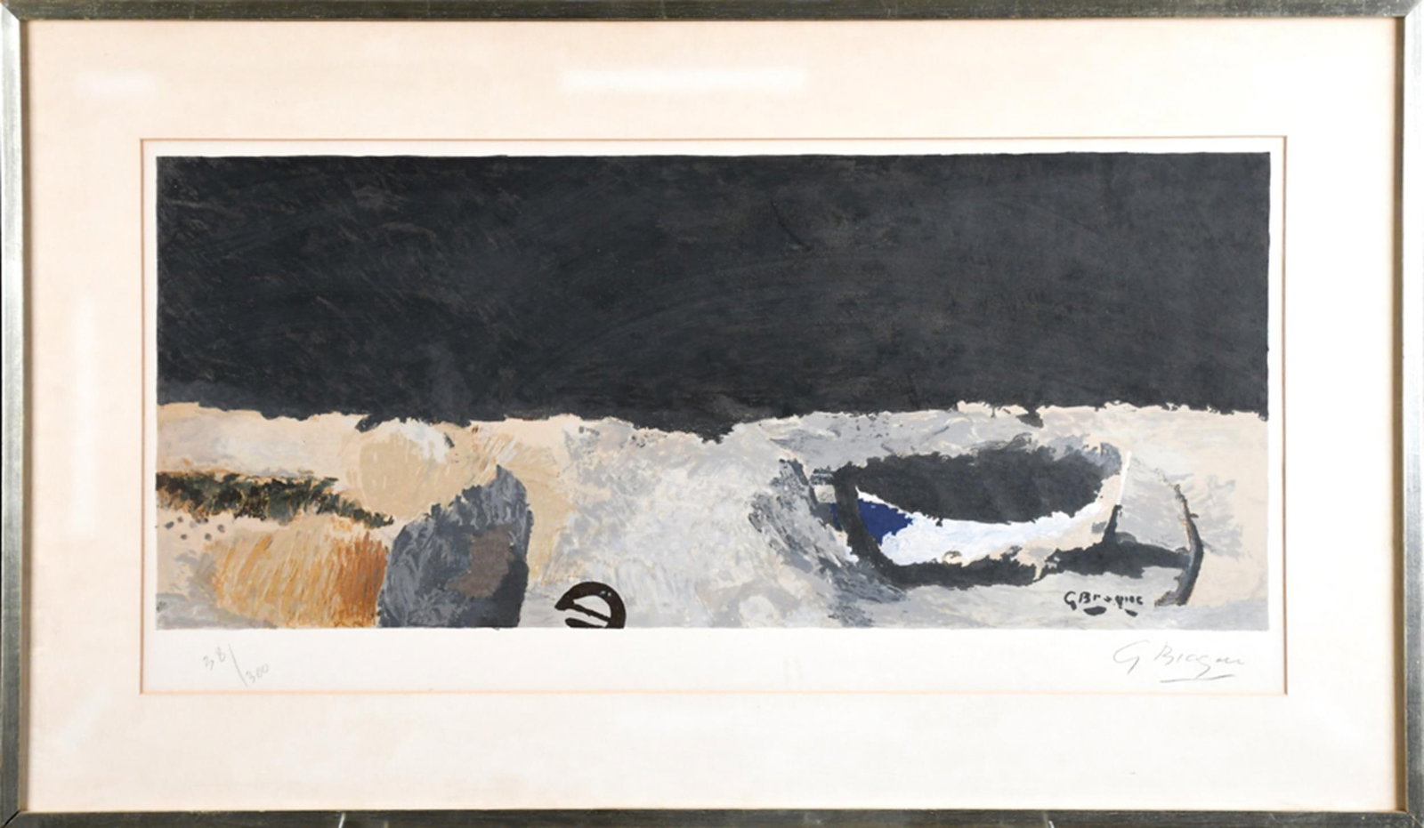20TH C. GEORGES BRAQUE LITHOGRAPH SIGNED.: A 20th C. color lithograph after Georges Braque (French, 1882-1963), a still life of vessels and a dark ground in grey, black, ochre and blue, signed G Braque in the image lower right, numbered