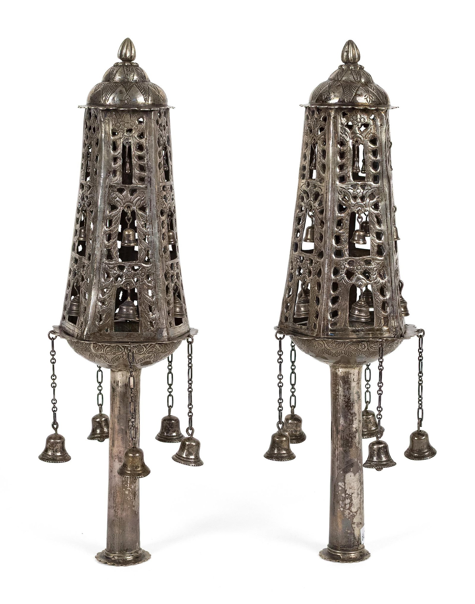PR. CONTINENTAL SILVER TORAH FINIALS.: Pair of antique Continental silver (800 or similar purity) Torah finials, or rimonim, each of tall architectural form with pierced openwork sides, floral and foliate chased decoration, domed tops