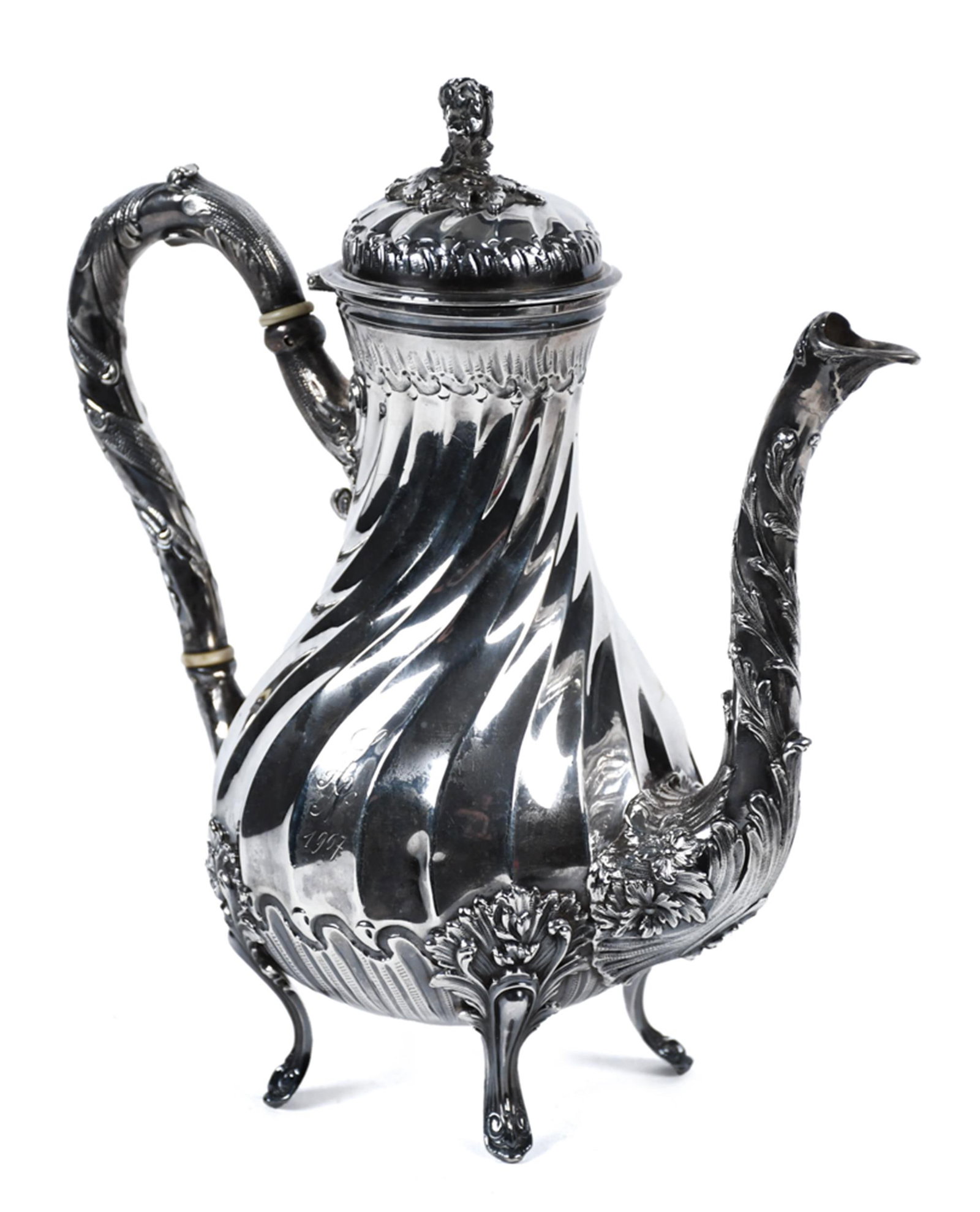 ANTIQUE FRENCH HALLMARKED SILVER COFFEE POT.: An antique French hallmarked sterling silver coffee pot dated 1907, with swirl-fluted baluster body and heavily chased rococo foliate and scroll decoration at the spout, handle mounts, lower body