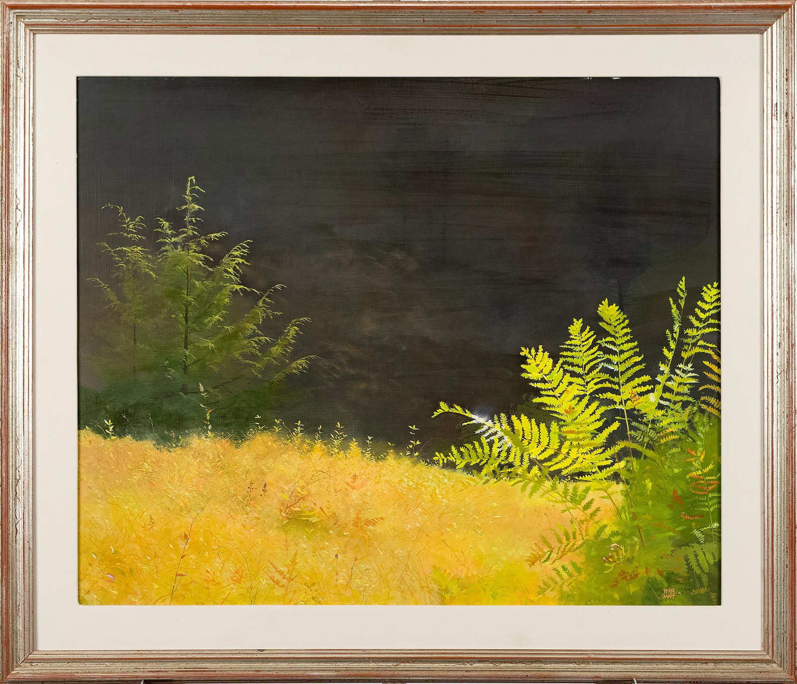 WILLIAM B HOYT ACRYLIC, BEGINNING LAST DAY.: William B Hoyt (b. 1945) acrylic on masonite, 'Beginning of The Last Day'. Image 20“ x 24“, Frame 25“ x 29“.