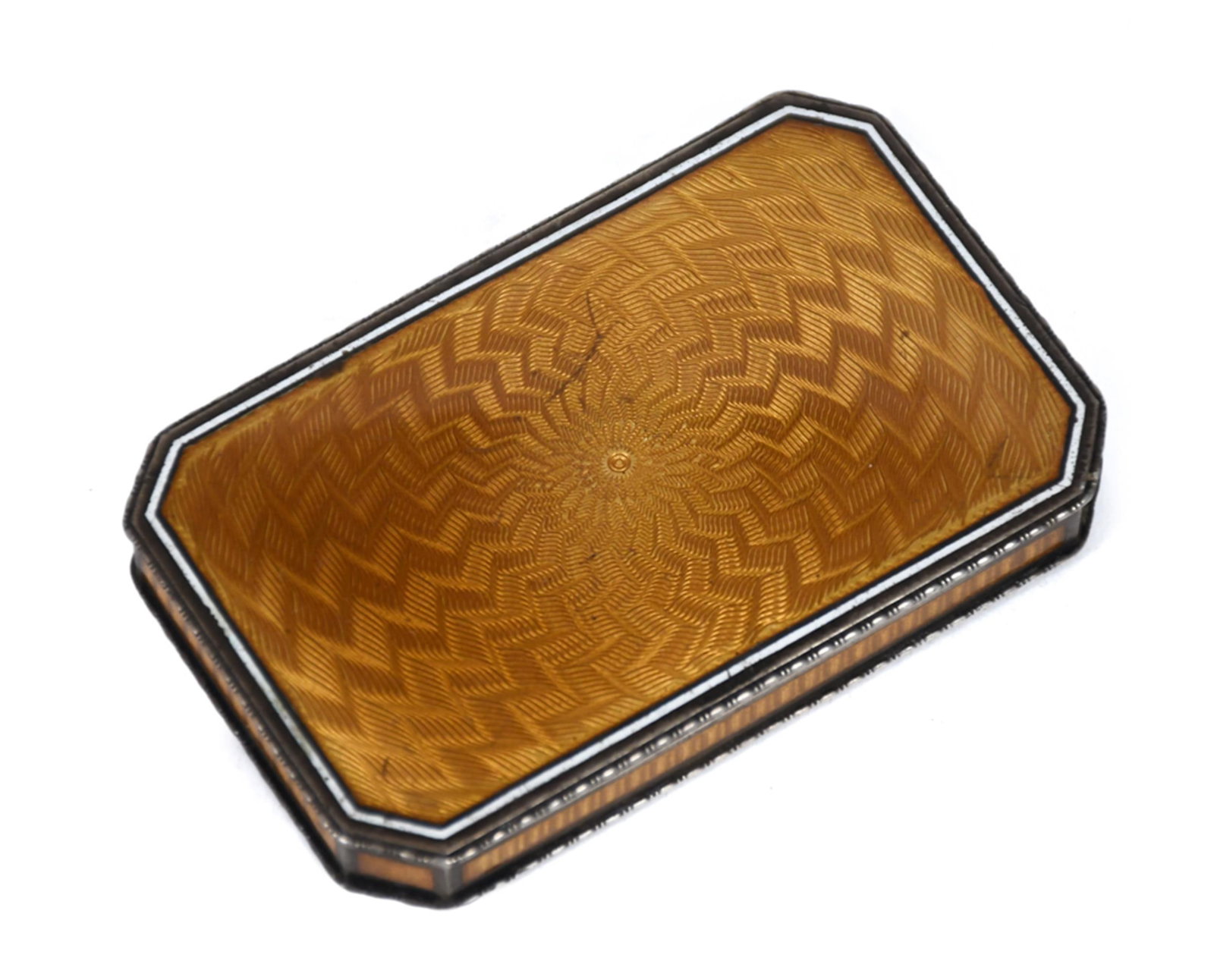 ANTIQUE CONTINENTAL SILVER GUILLOCHE ENAMEL BOX.: An antique Continental 900 silver and guilloche enamel hinged box, gold-washed interior. The lid decorated with engine-turned amber/gold guilloche enamel in a radiating sunburst pattern, framed by a w