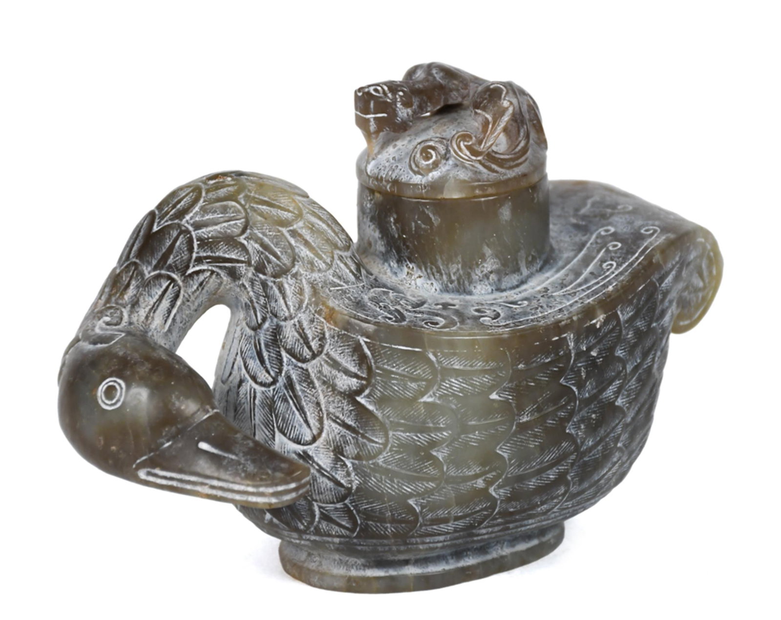 CHINESE CARVED JADE DUCK FORM WATER DROPPER/VESSEL. (1 of 1)