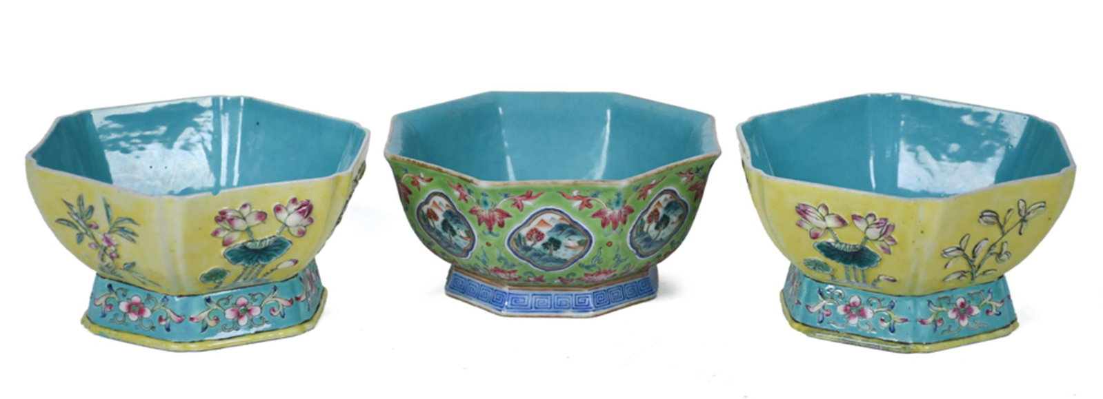 THREE CHINESE PORCELAIN TURQUOISE GLAZED BOWLS. (1 of 1)