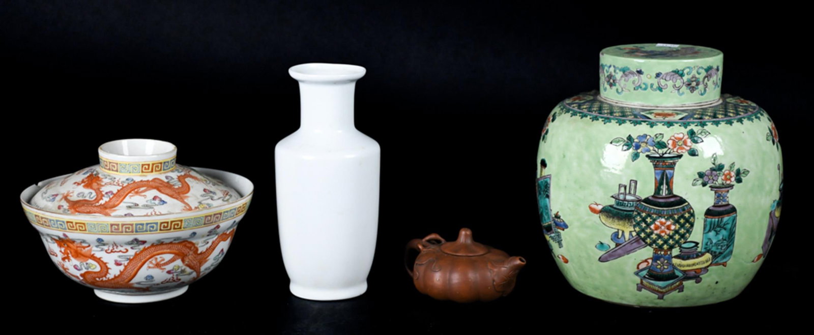 CHINESE PORCELAINS AND YIXING TEAPOT, 4PCS.: A collection of four Asian ceramic pieces, including:unusual green ground porcelain ginger jar with polychrome famille verte decoration of scholar's objects, flowers, and foliage, with fitted lid, 8.5