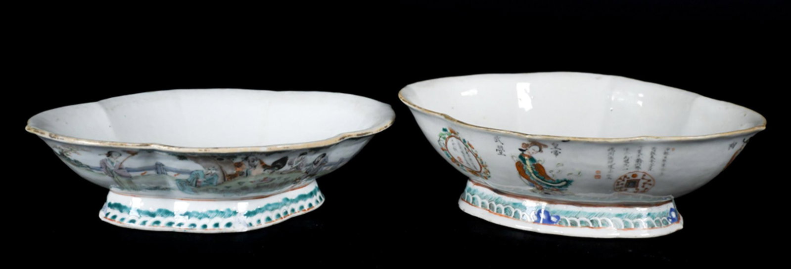 TWO 19TH C. CHINESE PORCELAIN FOOTED BOWLS.: A pair of Chinese Export porcelain pedestal bowls in lobed oval form, one bowl with scholars, attendants, calligraphy. The other depicts an outdoor gathering of scholars amidst trees and garden scener