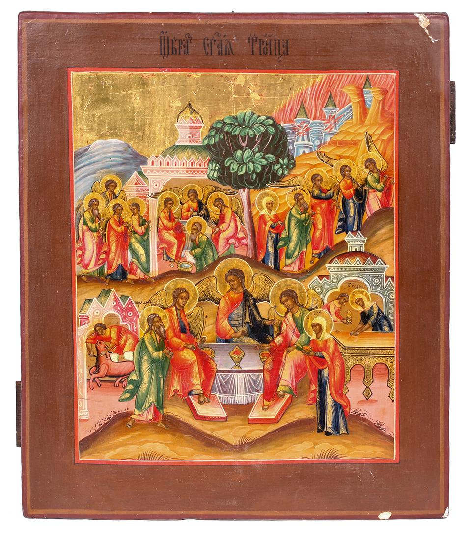 Russian icon "The old testament Trinity with Scenes: Russian icon "The old testament Trinity with Scenes from Genesis". - 19th century. - 32x27 cm. Tempera on wood with gilding, levkas.