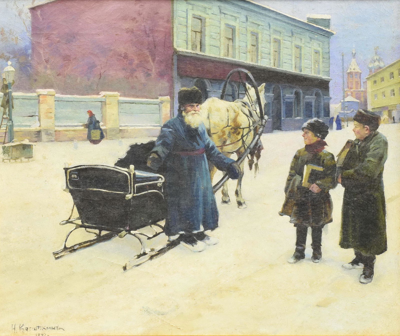 [Russian]. Kasatkin, N.A.(?) "Joke". - Russia, 19-20th century. - 50x58 cm. (1 of 3)