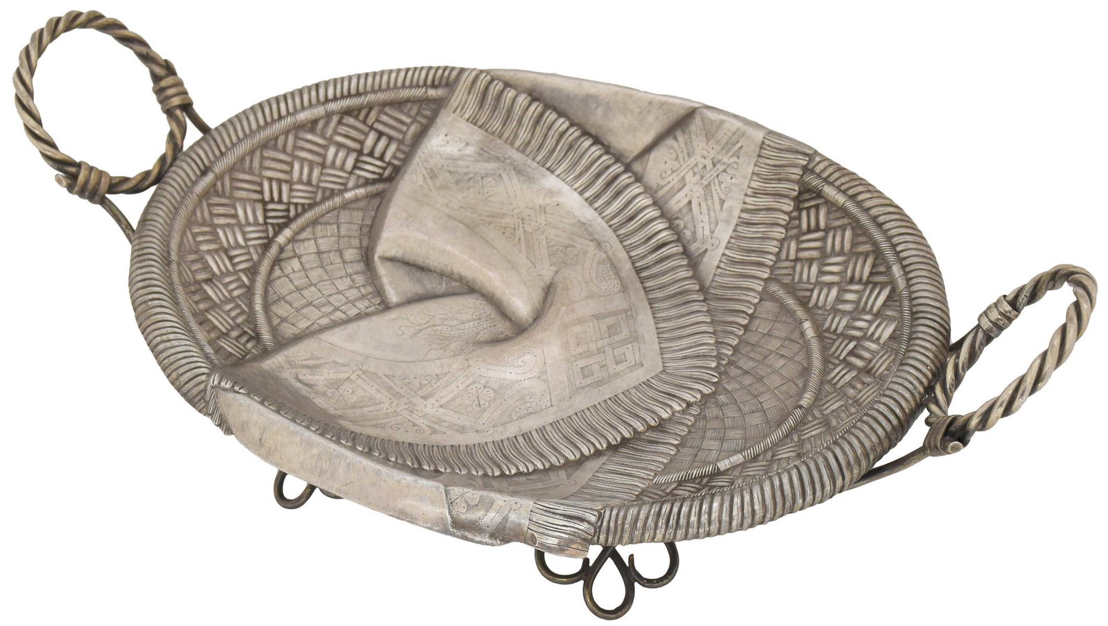 Russian silver dish "Wicker basket with a rushnik [towel]", trompe l'oeil. - Russia, 19-20th cent. - (1 of 3)