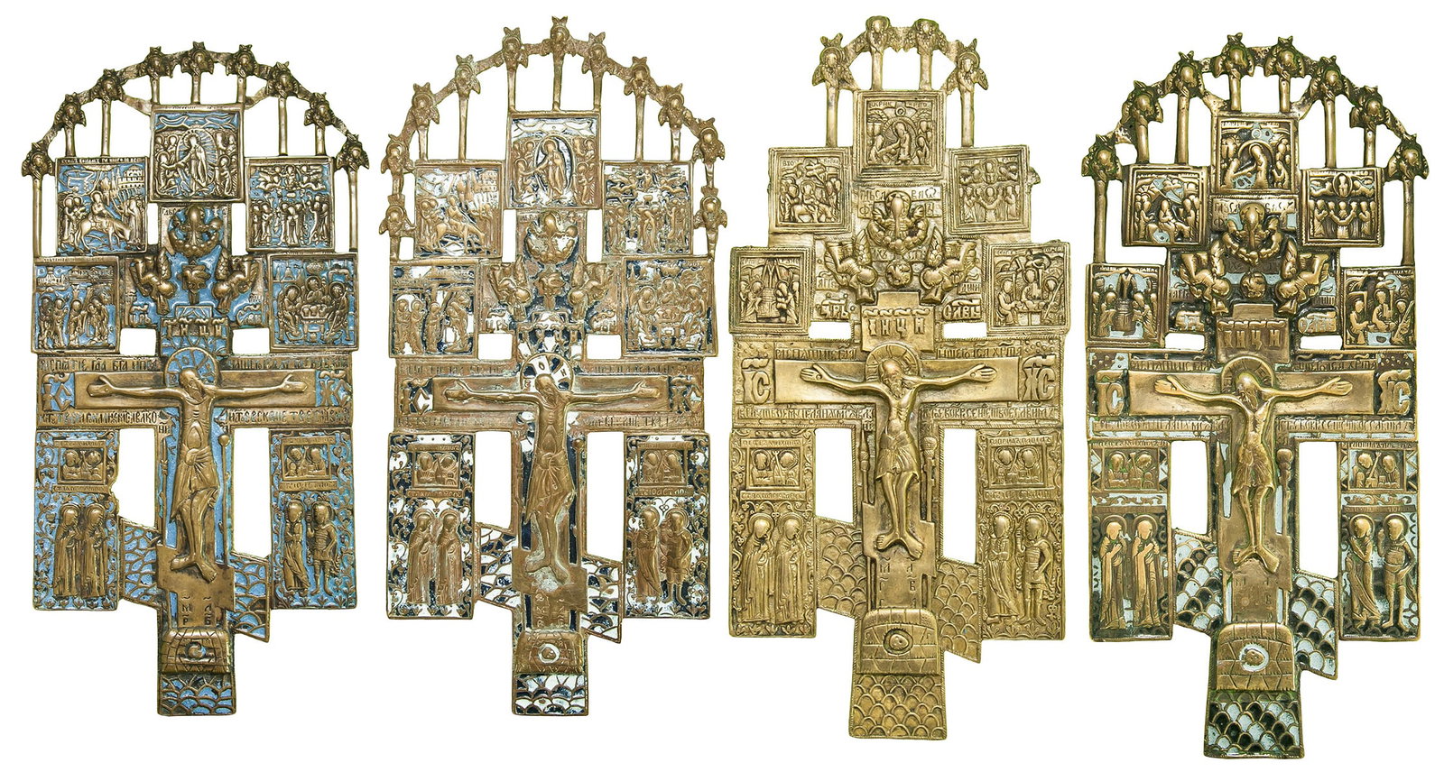 A selection of 4 Old Believers crucifixes ("The Small Patriarchal Crucifixion"). - Russia, 19-20th (1 of 9)