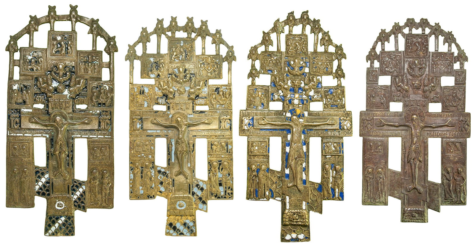 A selection of 4 Old Believers crucifixes ("The Small Patriarchal Crucifixion"). - Russia, 19-20th (1 of 9)
