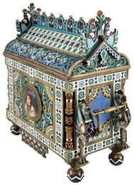 [Russian style]. Silver enameled [larets] box (chest) with portraits of Russian women in traditional