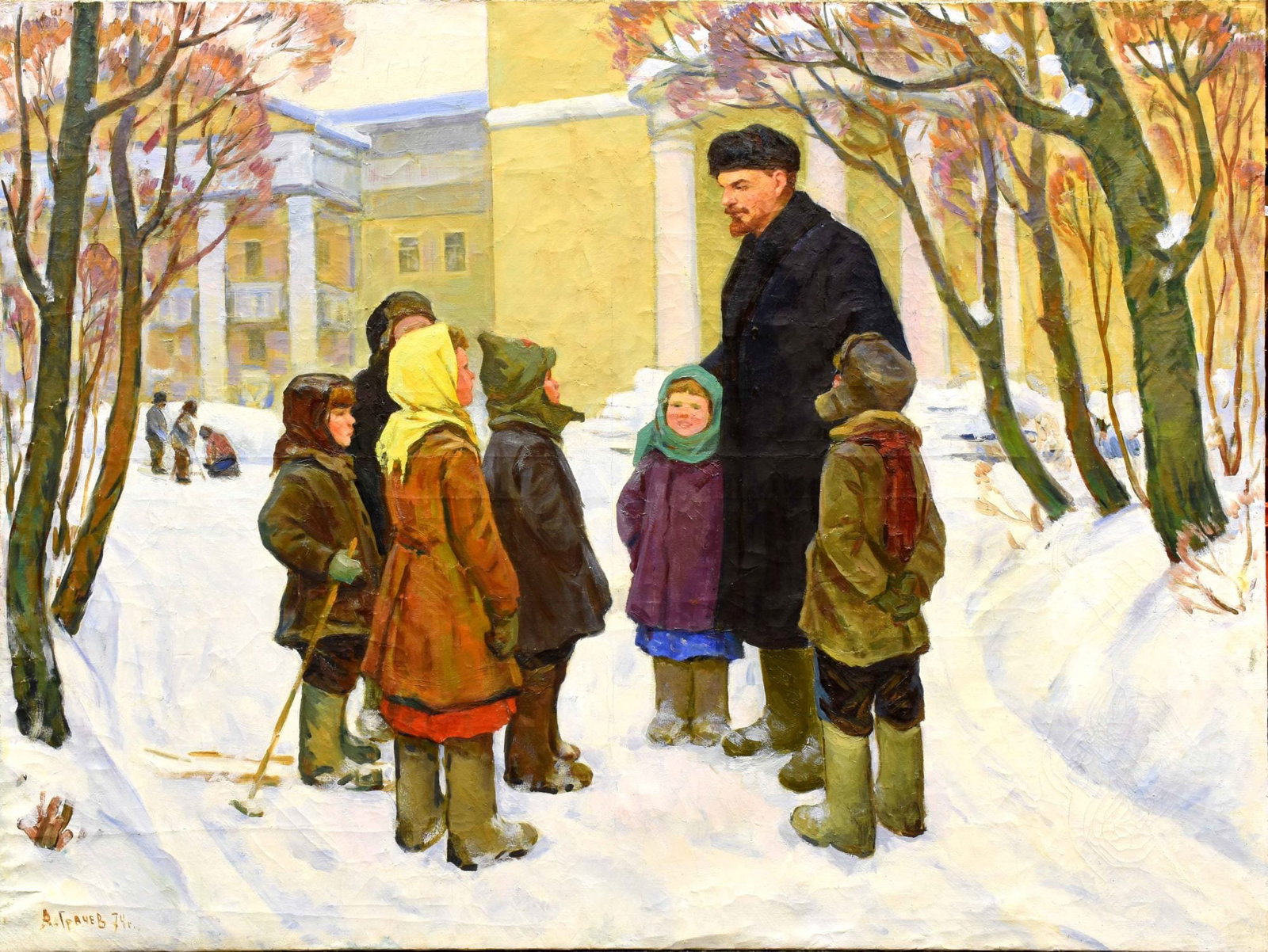 [Soviet]. Grachev, V. Vladimir Lenin with children. - 1974. Oil on canvas. - 120x159 cm.: [Soviet]. Grachev, V. Vladimir Lenin with children. - 1974. Oil on canvas. - 120x159 cm. Author's inscription in the bottom left.