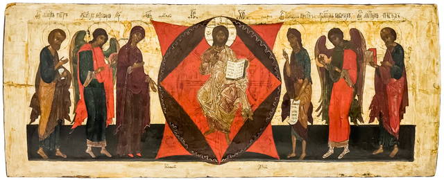 [Museum-quality piece]. Russian icon "Deisis". - Russia, Moscow, 17th century. - 25.5x63.3 cm.