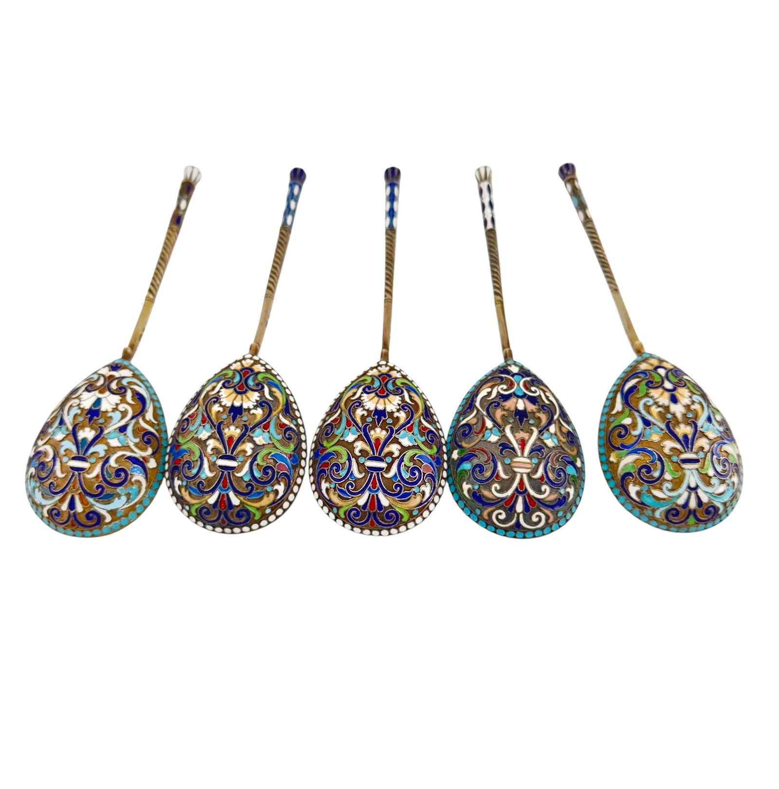 [Russian]. Set of 5 silver spoons with champleve enamels. - Russia, late 19th - early 20th century. (1 of 7)