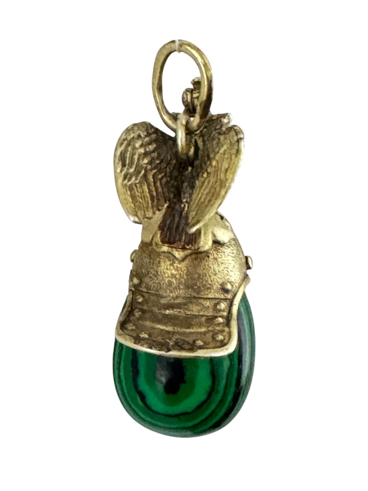 Jewelry pendant with an imperial helmet. - Russia, 20th century. - 3.5x1.5; weight: 16 gr.: Jewelry pendant with an imperial helmet. - Russia, 20th century. - 3.5x1.5; weight: 16 gr. Silver, stamping, gilding, malachite (?)