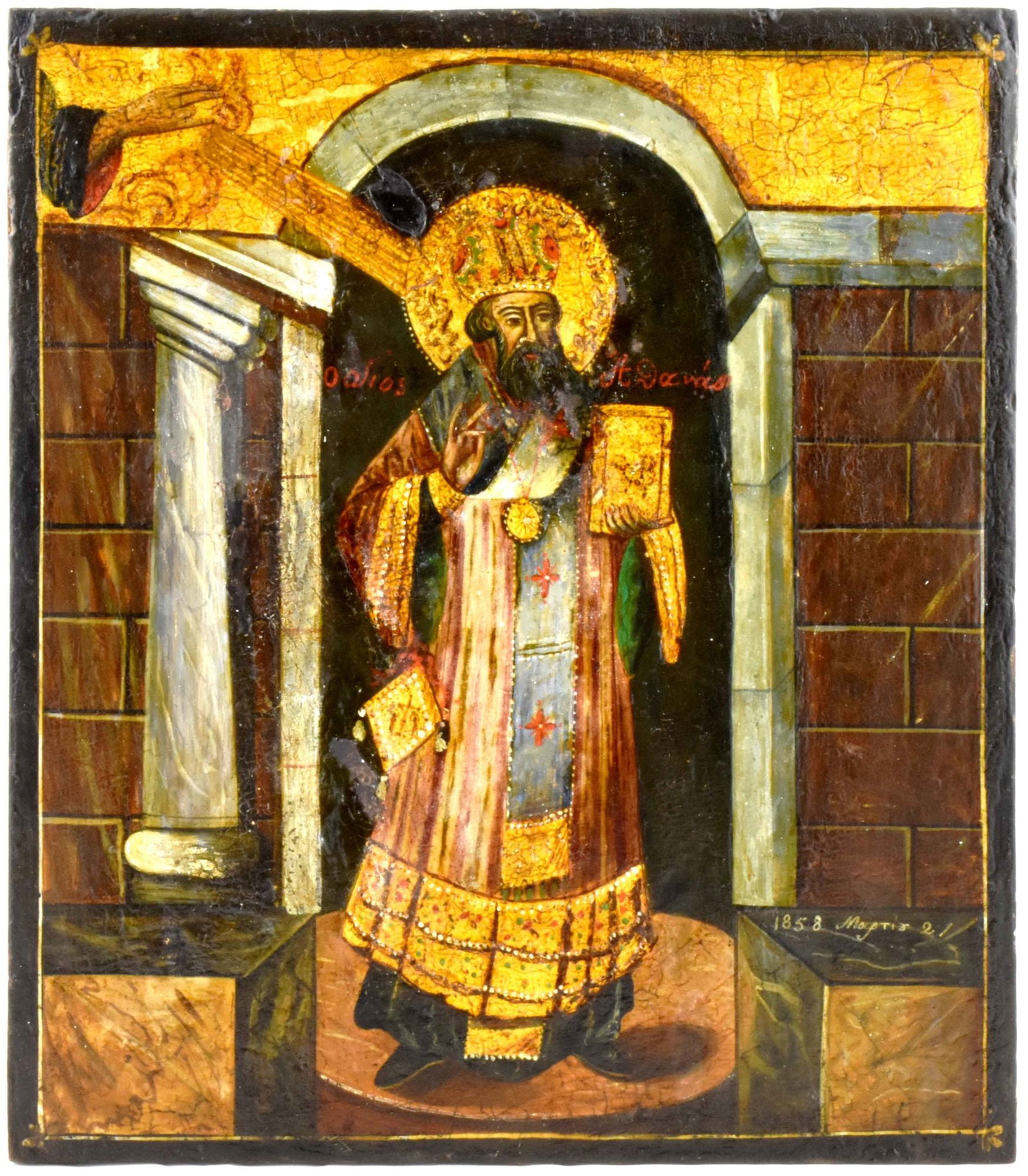Greek icon "Athanasius the Great". - Greece, 19th century. - 31x28 cm.: Greek icon "Athanasius the Great". - Greece, 19th century. - 31x28 cm. Tempera on wood; levkas, gilding.