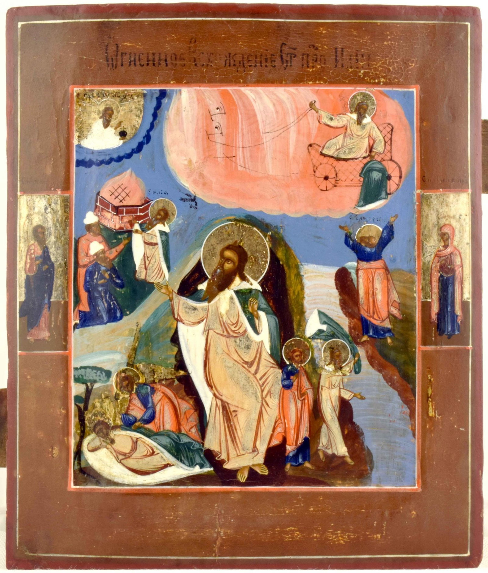 Russian icon "The Prophet Elijah' Fiery ascent to Heaven". - Russia, 19th century. - 26,5x31 cm.: Russian icon "The Prophet Elijah' Fiery ascent to Heaven". - Russia, 19th century. - 26,5x31 cm. Tempera on wood; levkas, gilding.