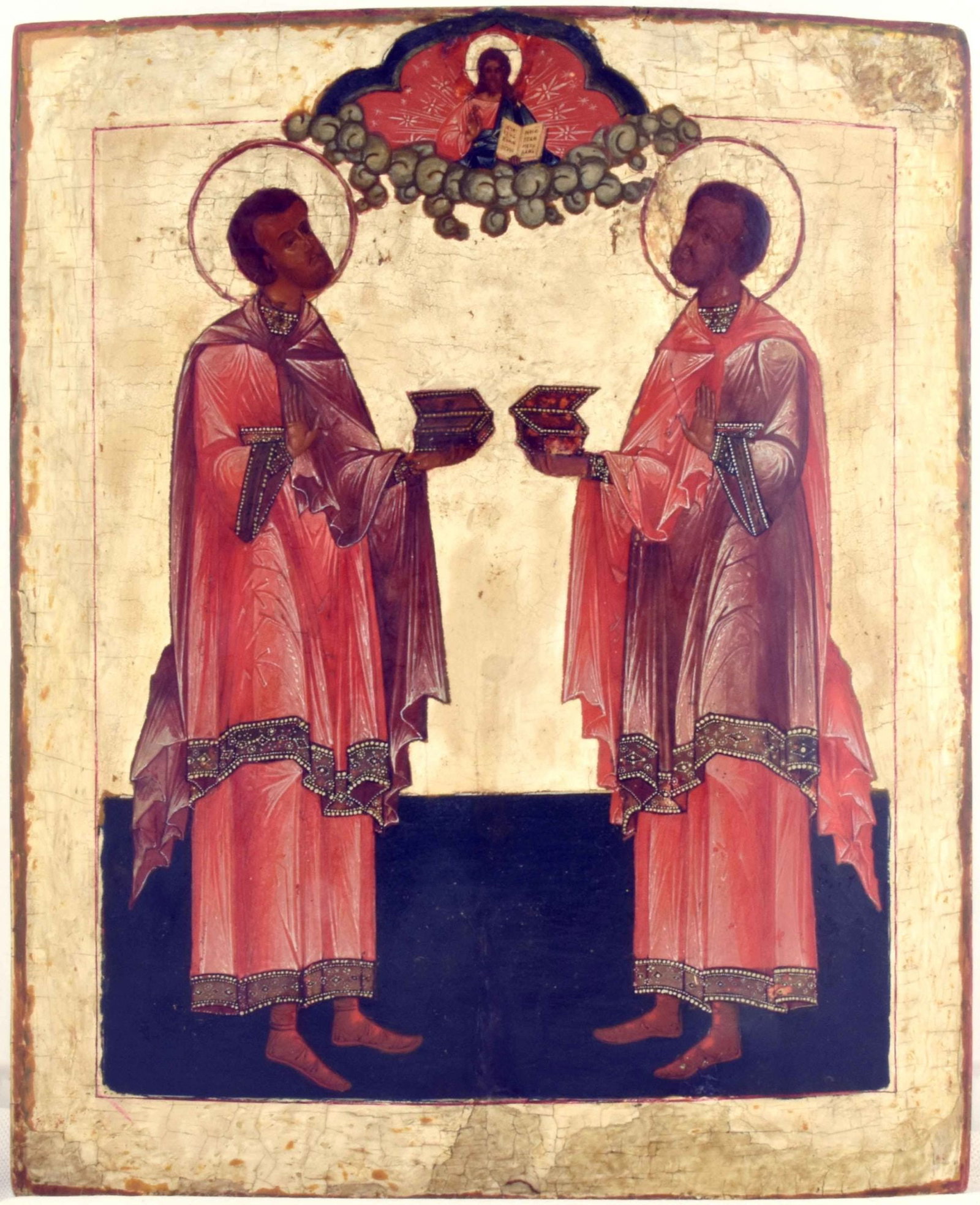 Russian icon "Saints Cosmas and Damian". - Russia, 19th century. - 28x34,5 cm. (1 of 2)