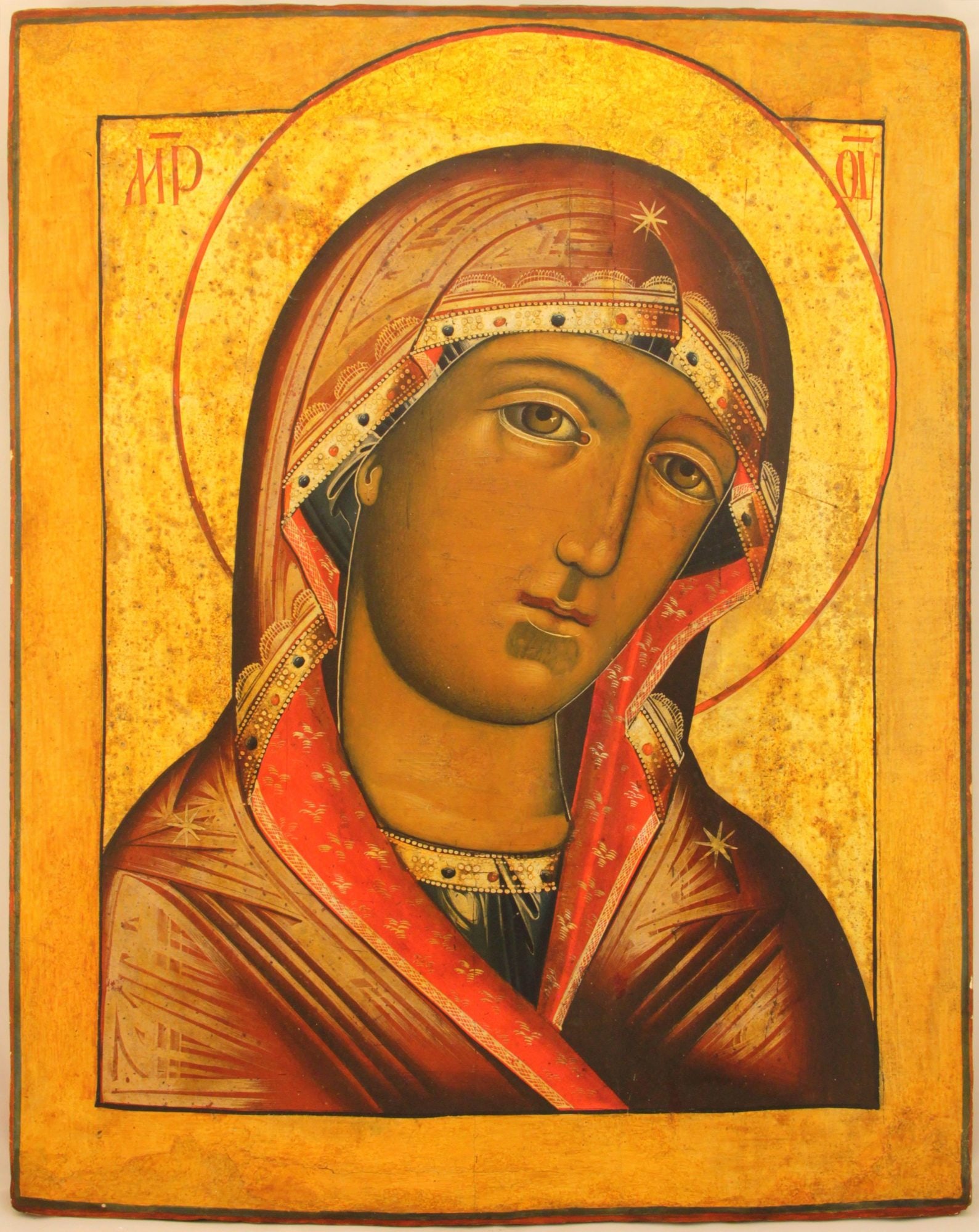 Russian icon "Theotokos". - Russia, 19th century. - 53x45 cm.: Russian icon "Theotokos". - Russia, 19th century. - 53x45 cm. Tempera on wood; levkas, gilding.