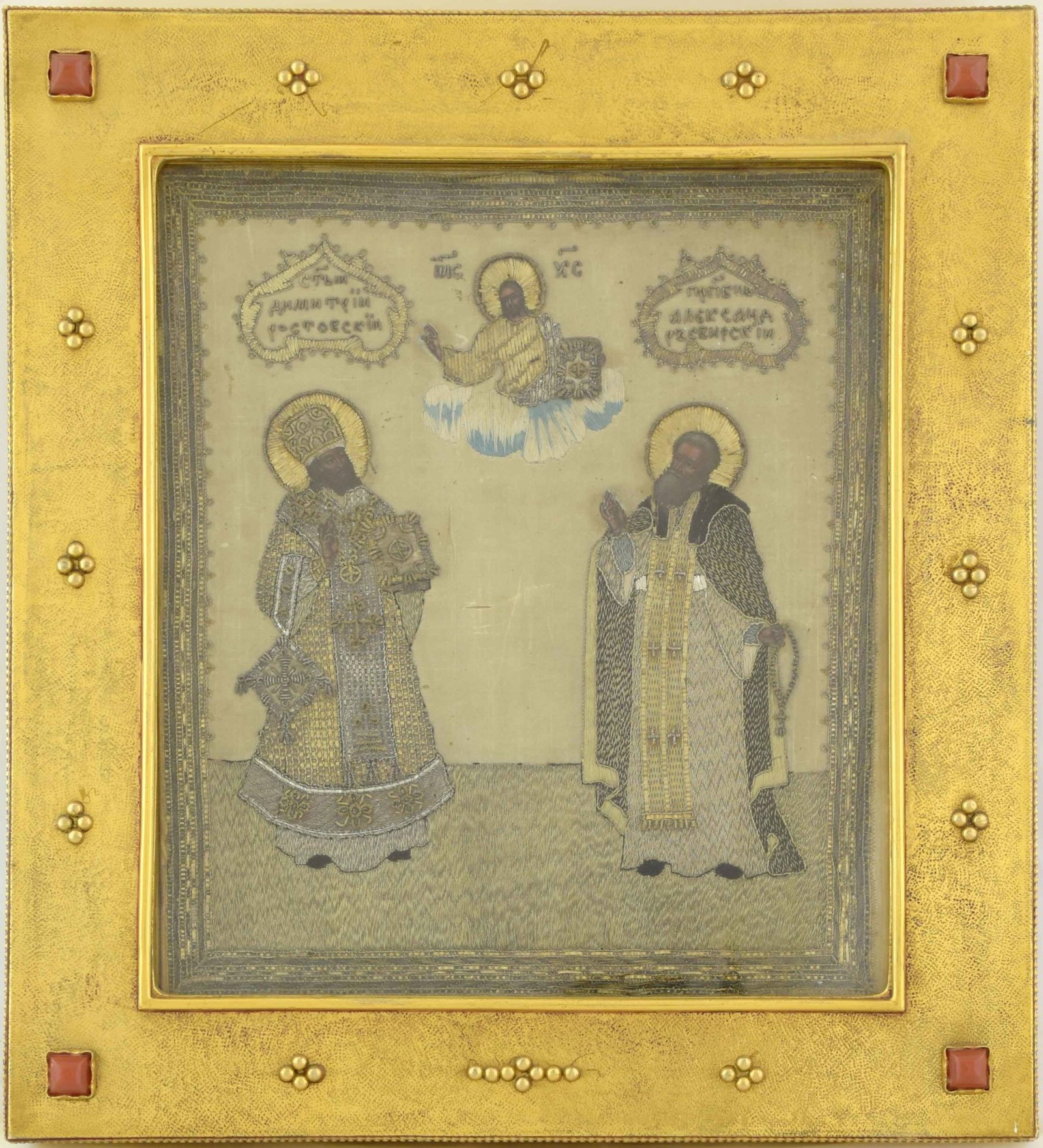 Russian icon "Saints Dimitry of Rostov and Alexander of Svir", with embroidered oklad and kiot. - (1 of 4)
