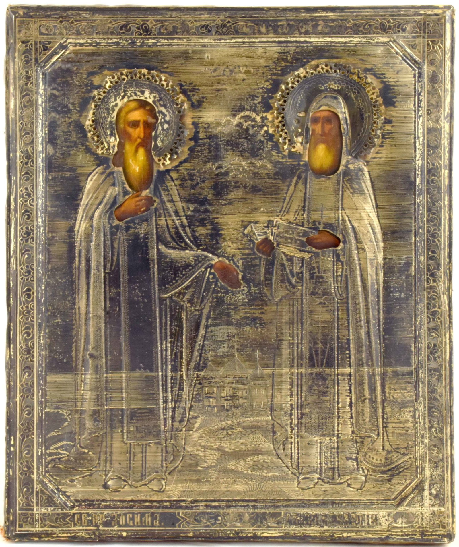 Russian icon "Saints Zosima and Savatii (founders of the Solovetsky Monastery)" with silver oklad. - (1 of 2)