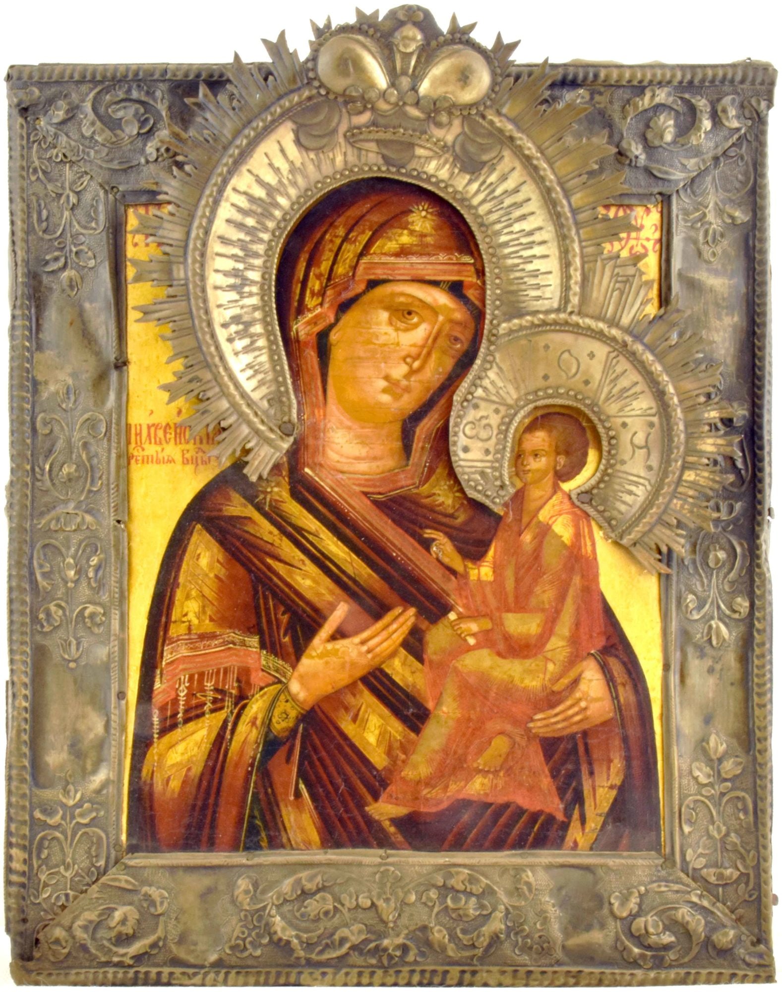 Russian icon "Our Lady of Tikhvin" with silver oklad. - Russia, 19th century. - 27x32,5 cm. (1 of 2)