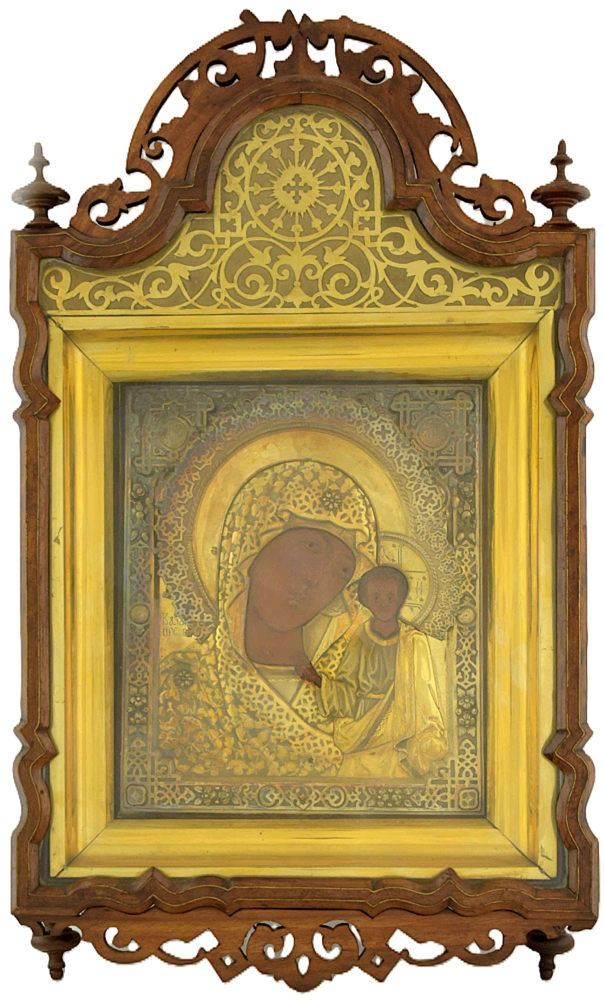 Russian icon "Our Lady of Kazan" with silver oklad and kiot. - Russia, 19th century. - 8x67x41 cm. (1 of 4)