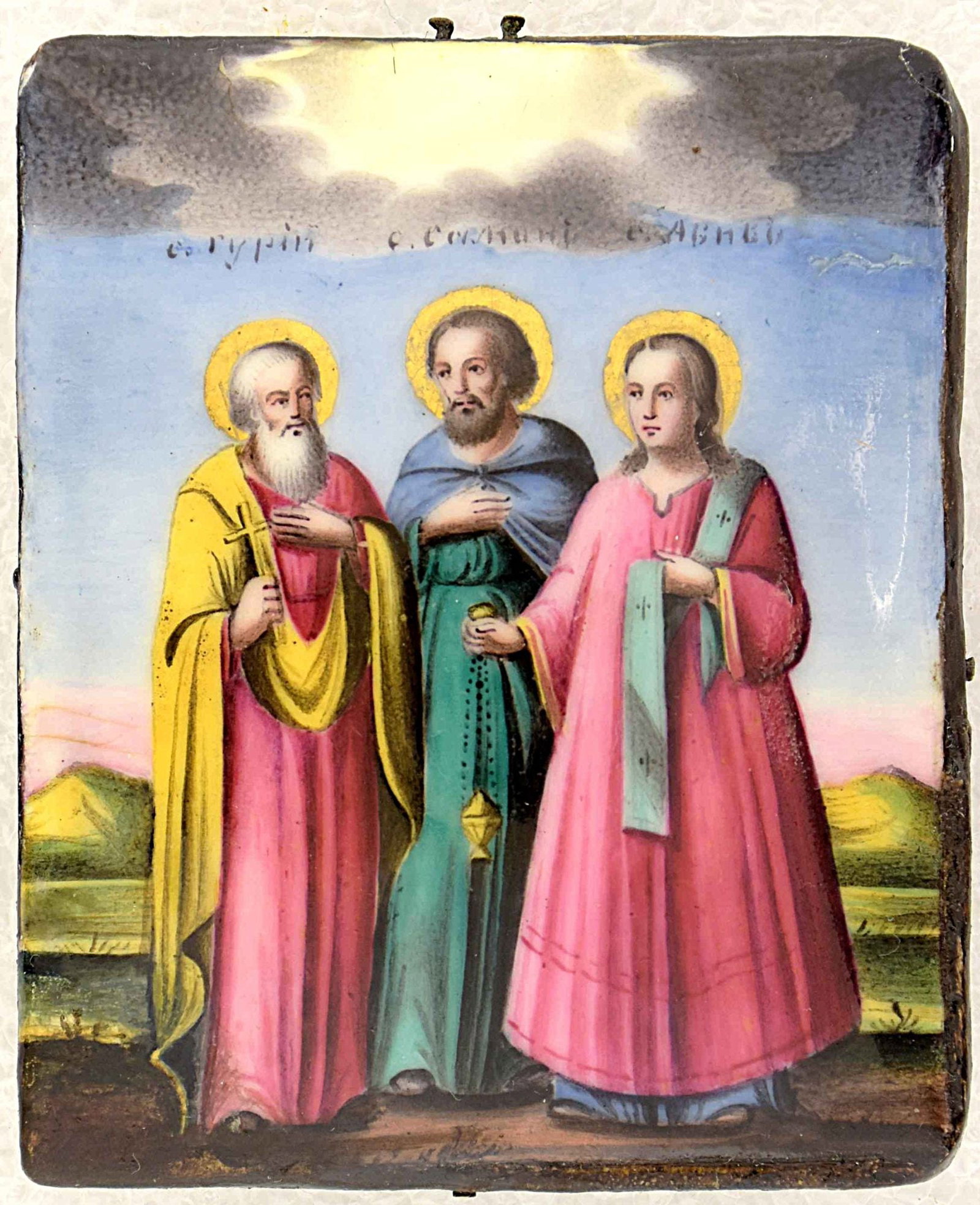 Russian icon, pendant "Saints Samonas, Gurias and Habibus". - Russia, 19th century. - 6x7,5 cm.: Russian icon, pendant "Saints Samonas, Gurias and Habibus". - Russia, 19th century. - 6x7,5 cm. Finift. Brass.