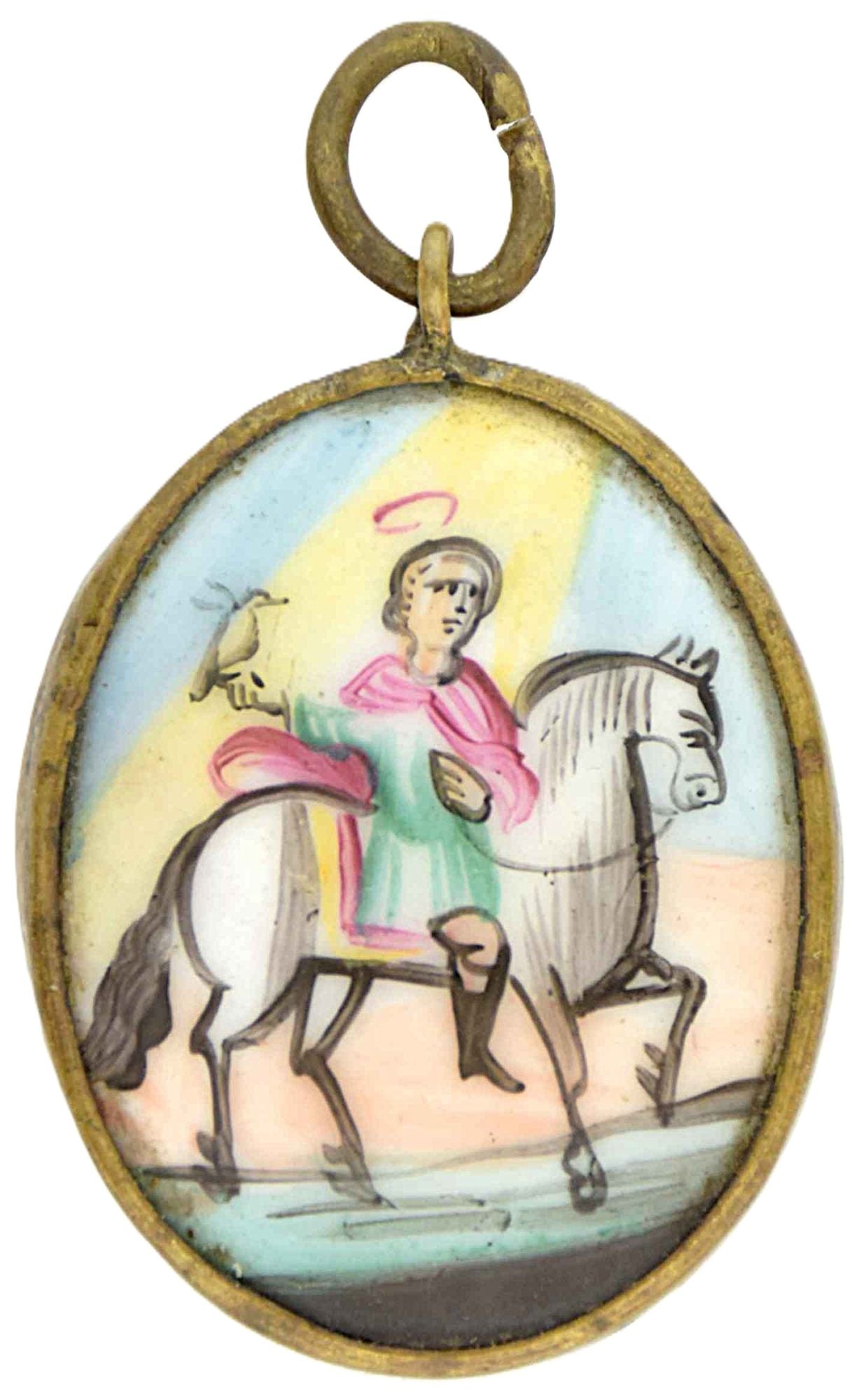 Russian icon, pendant "Saint Triphon (Helper to Hunters)". - Russia, 19th century. - 2,5x3,5 cm.: Russian icon, pendant "Saint Triphon (Helper to Hunters)". - Russia, 19th century. - 2,5x3,5 cm. Finift. Brass.